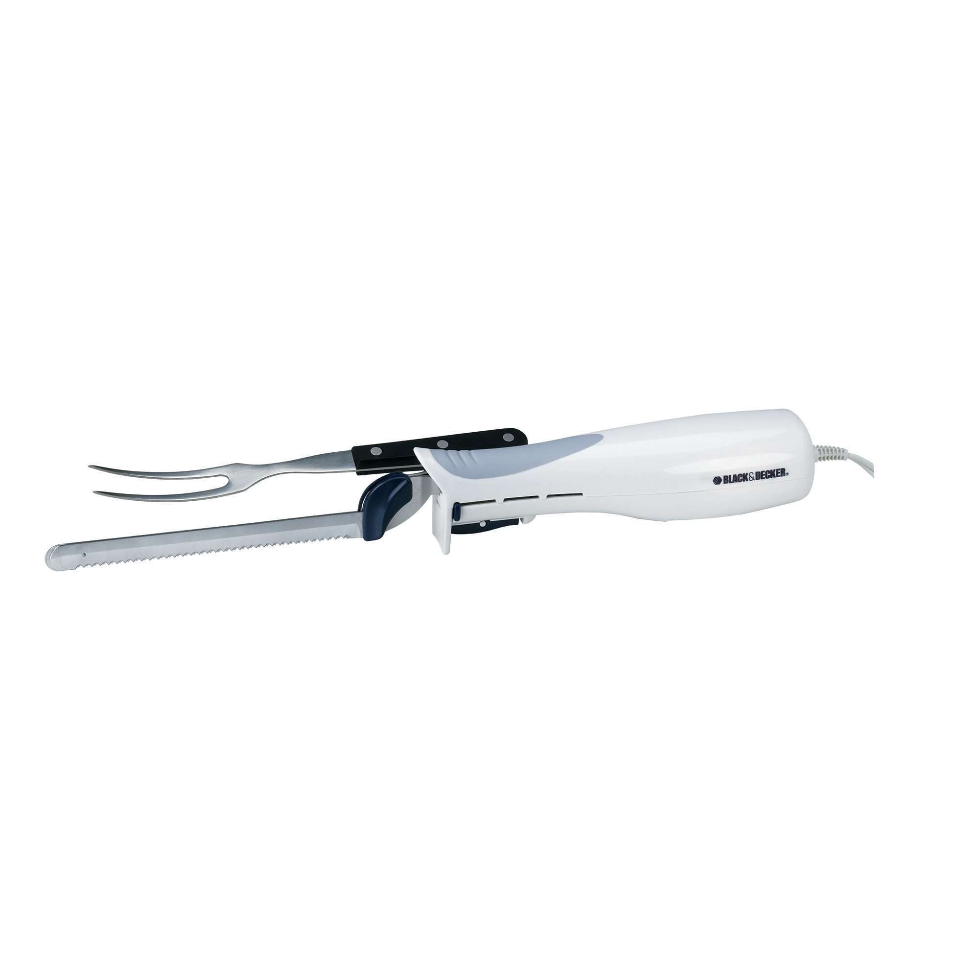 BLACK+DECKER EK700 electric carving knife with white handle and carving fork, side angle on white background.