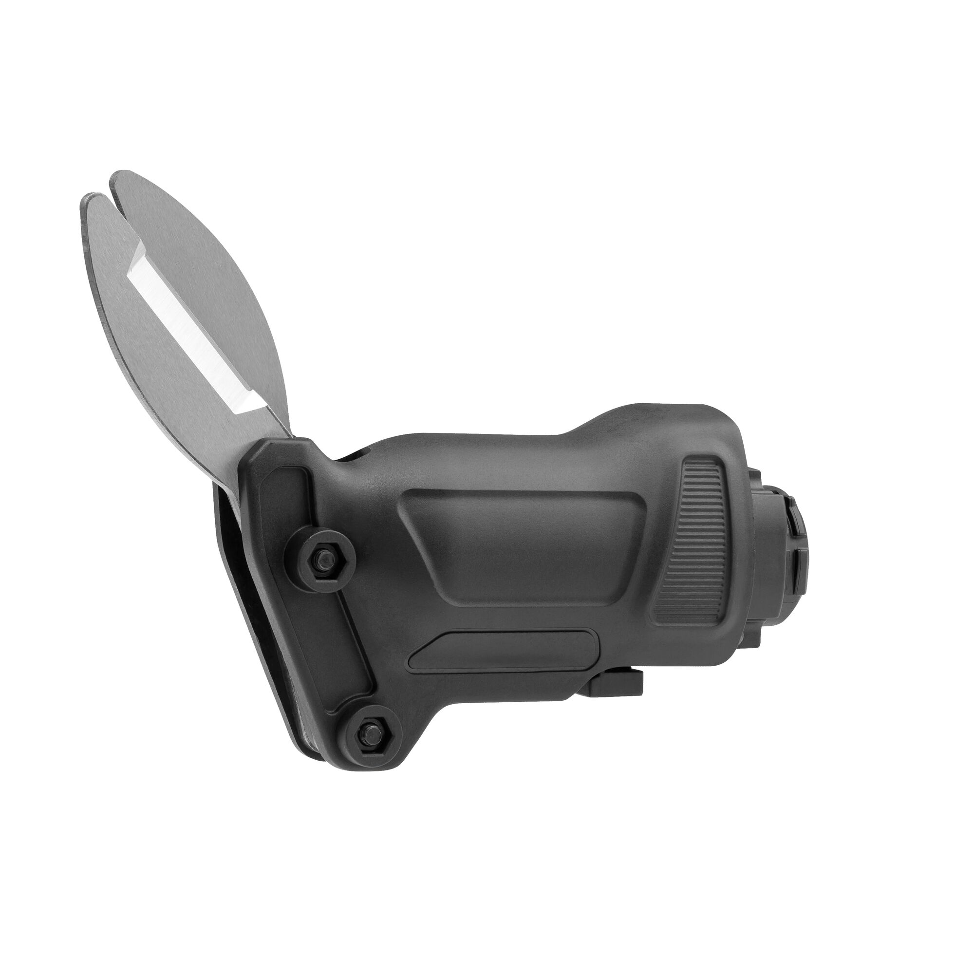 BLACKDECKER EMS183 black metal cutting tool attachment, side angle on white background.