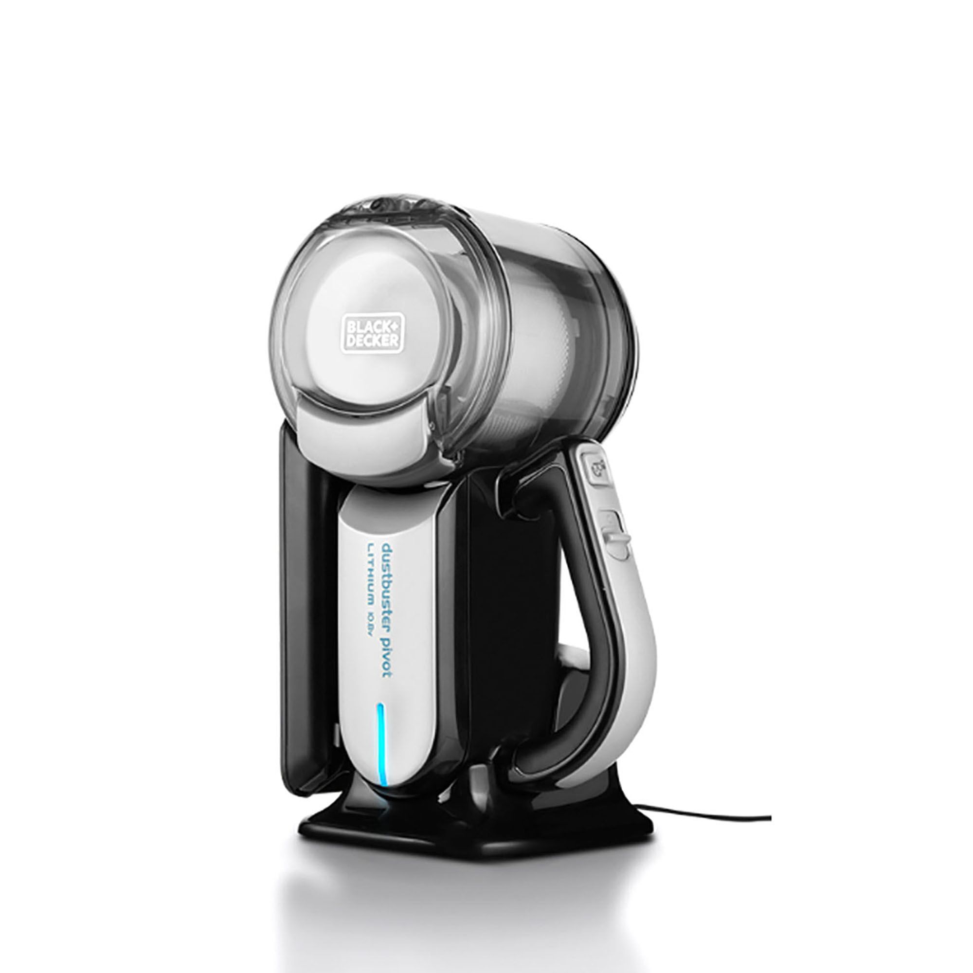 BLACKDECKER EPV1020BKA-KR cordless handheld vacuum cleaner on charging stand, front angle.