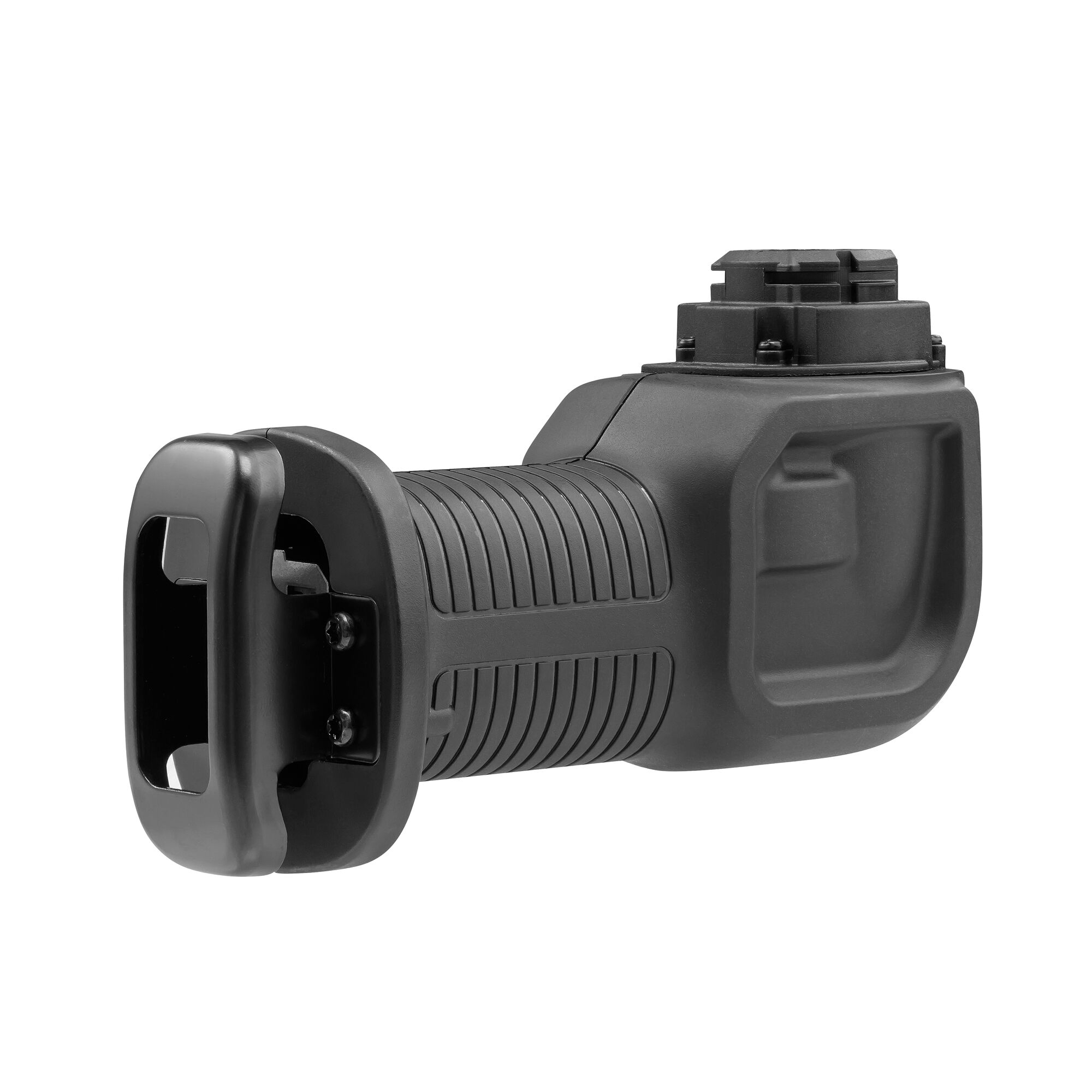 BLACKDECKER ERS183 reciprocating saw handle in black, angled side view, photography on white background.