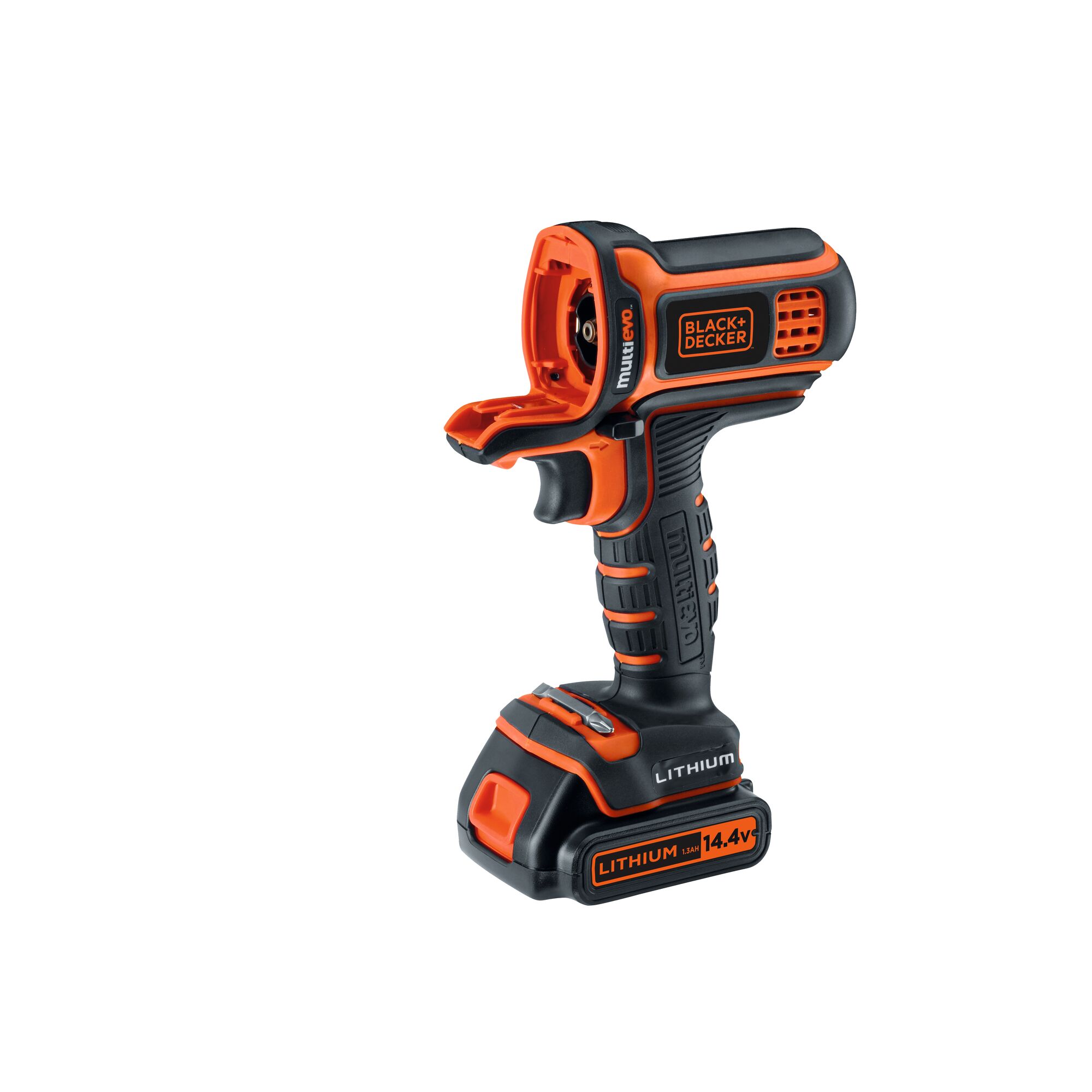 BLACKDECKER EVO181B1 cordless drill body, black and orange, side angle, photography product.