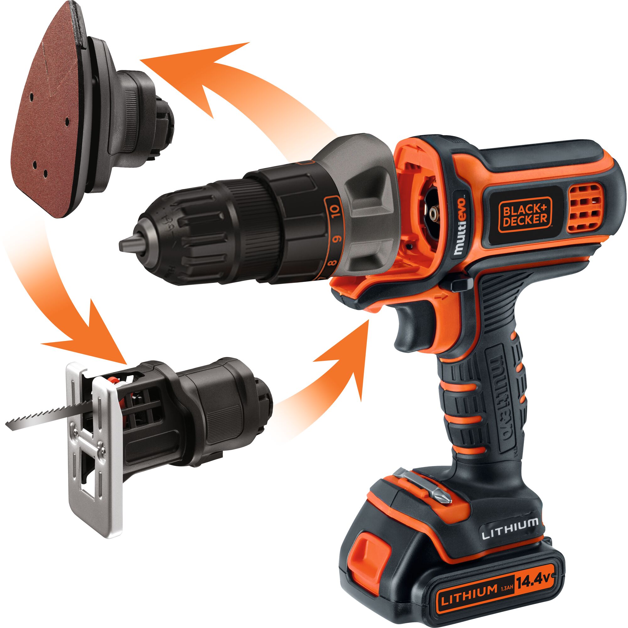 BLACKDECKER EVO181B1 multi-function cordless tool with drill, sander, and saw attachments, white background, side view