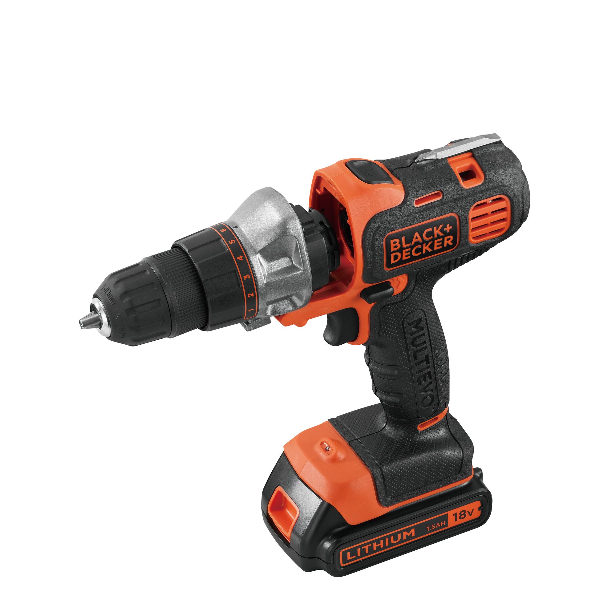 BLACK+DECKER EVO181B1 cordless drill, orange and black, side angle, 18V lithium battery visible.