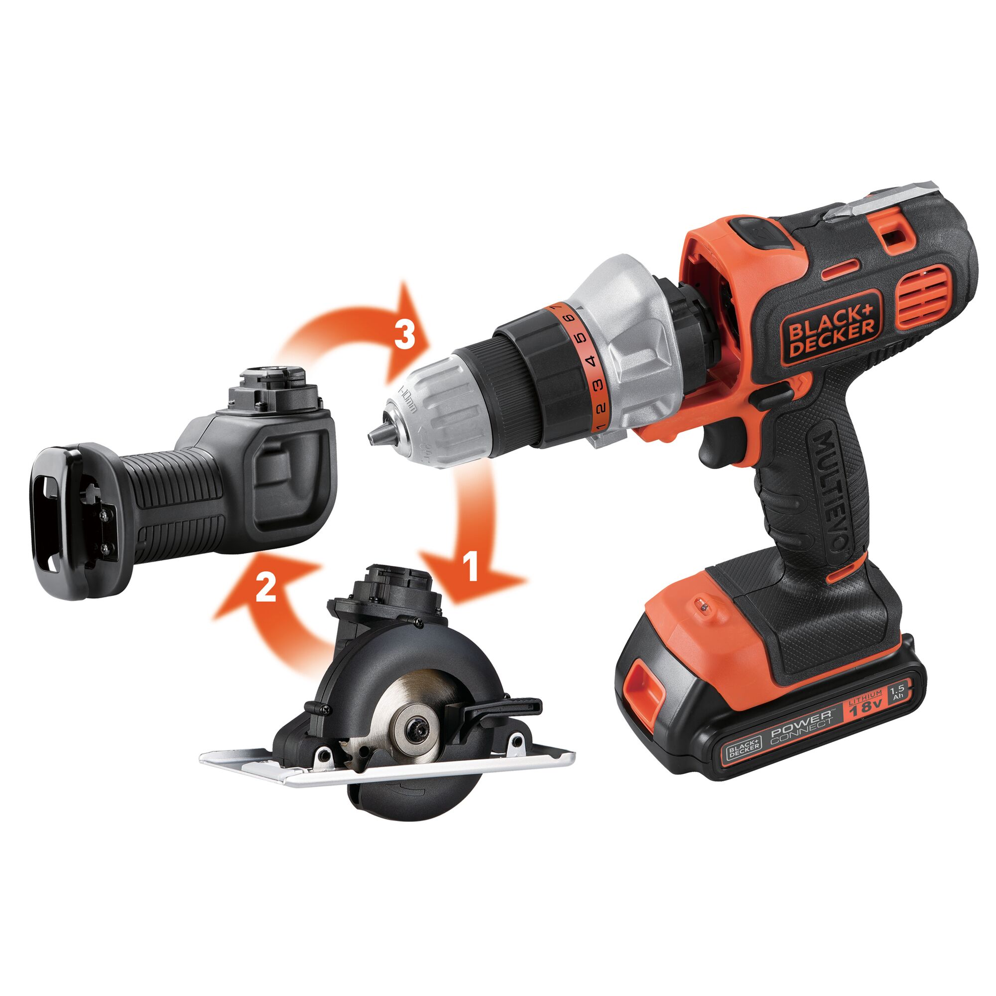 BLACK+DECKER EVO183C1 cordless multi-tool with interchangeable drill, saw, and handle attachments, side angle.