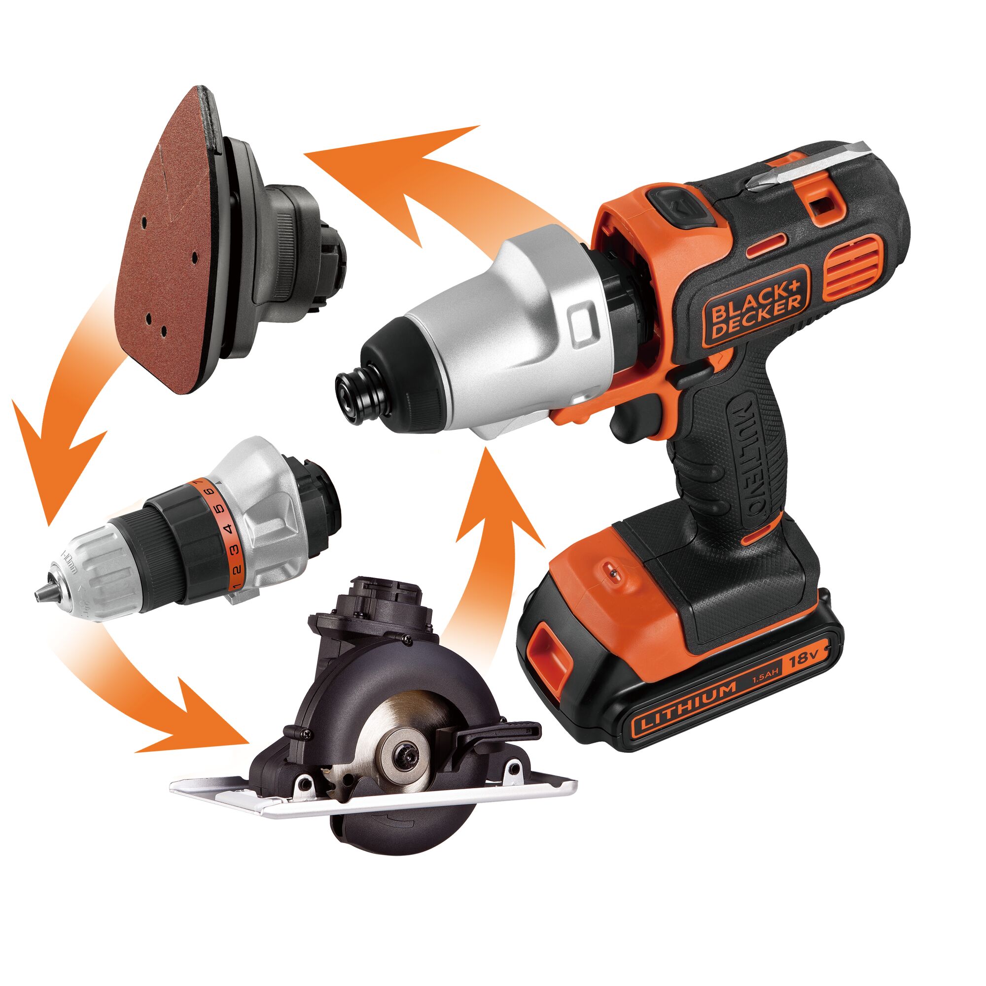 BLACKDECKER EVO183P1 multi-tool with interchangeable drill, sander, and circular saw attachments, front angle.