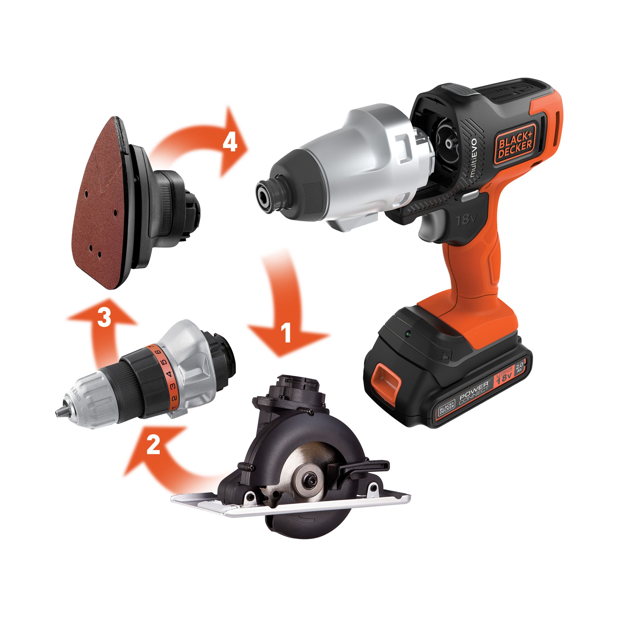BLACK+DECKER EVO185B1CS multi-tool with 18V battery and four interchangeable heads: sander, drill, saw, and impact driver, angled view.