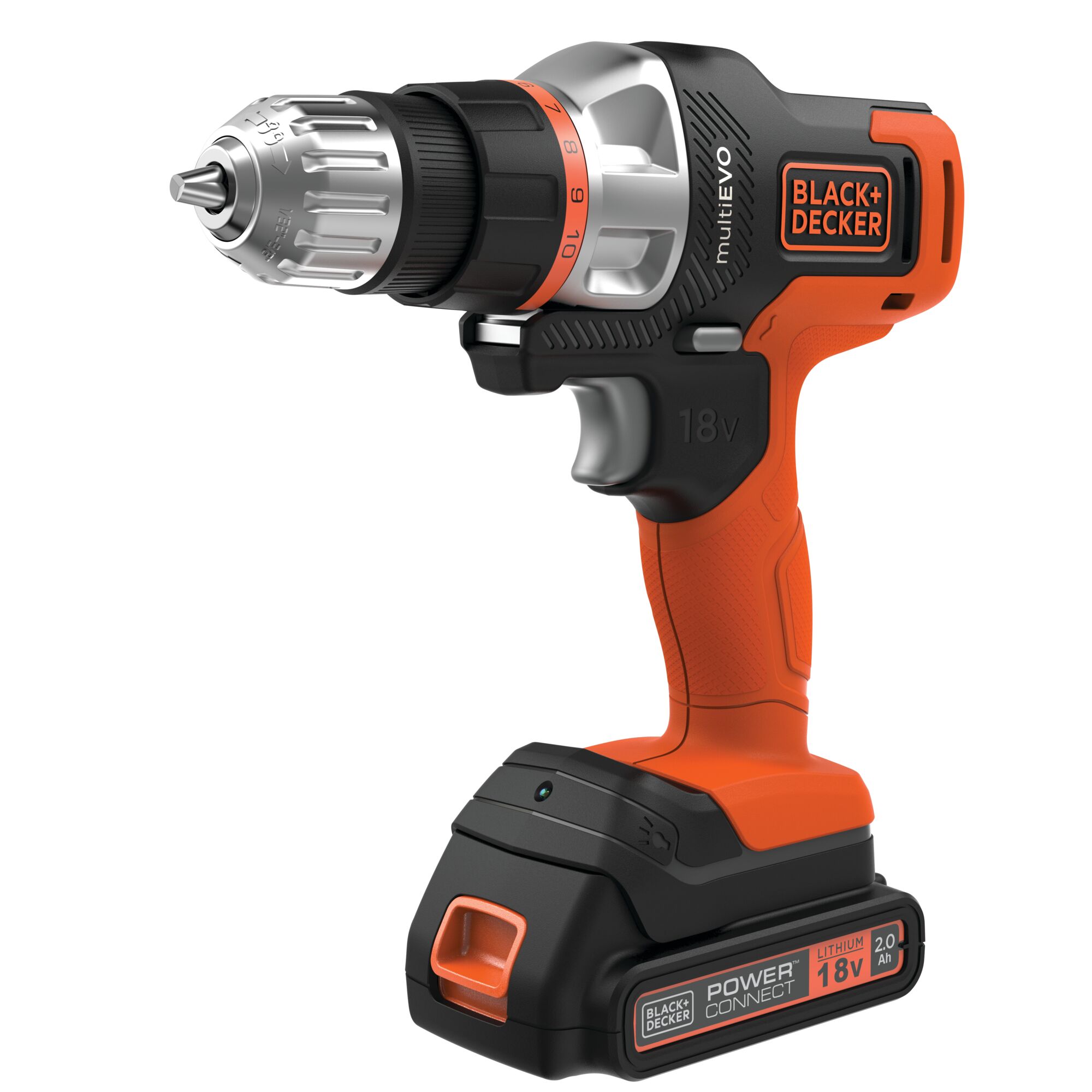 BLACKDECKER EVO185B1 cordless drill, orange and black, side angle on white background.