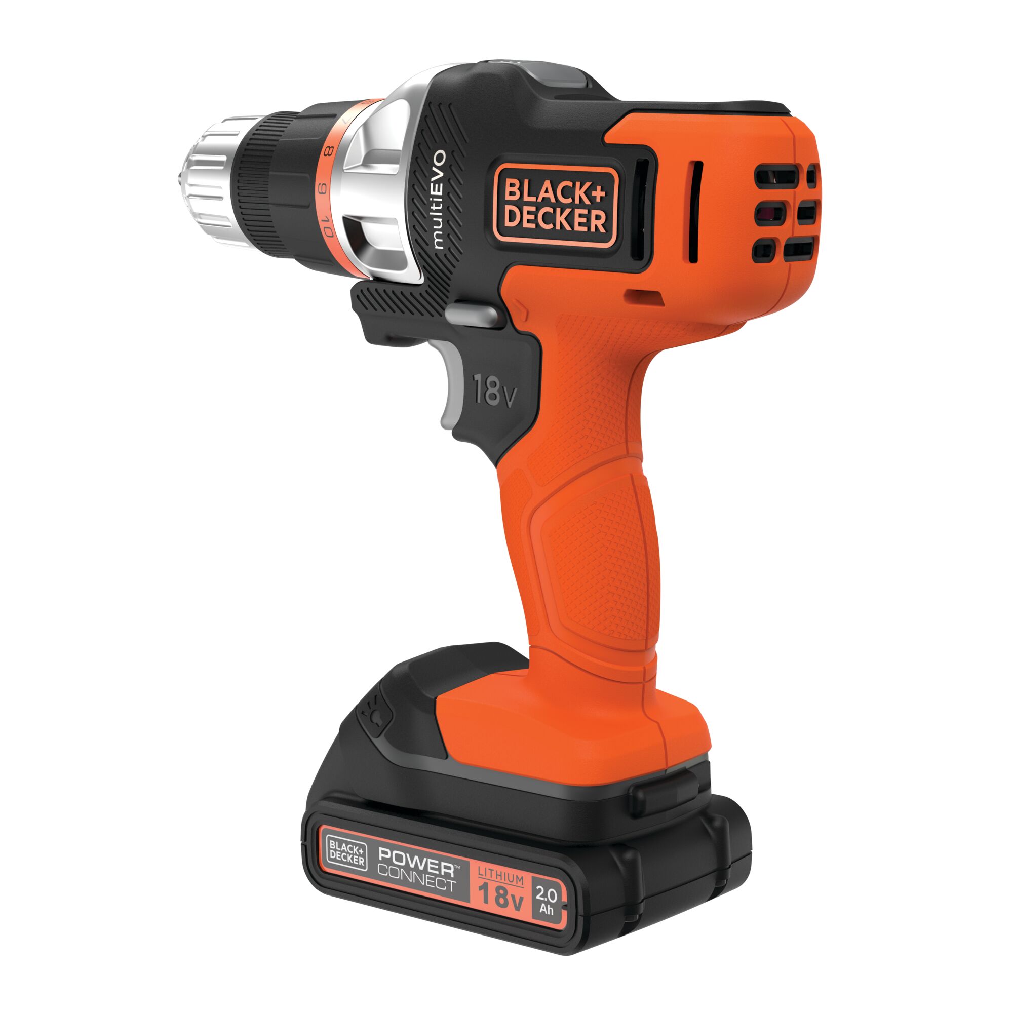 BLACKDECKER EVO185B1 cordless drill with orange and black body, side view on white background.