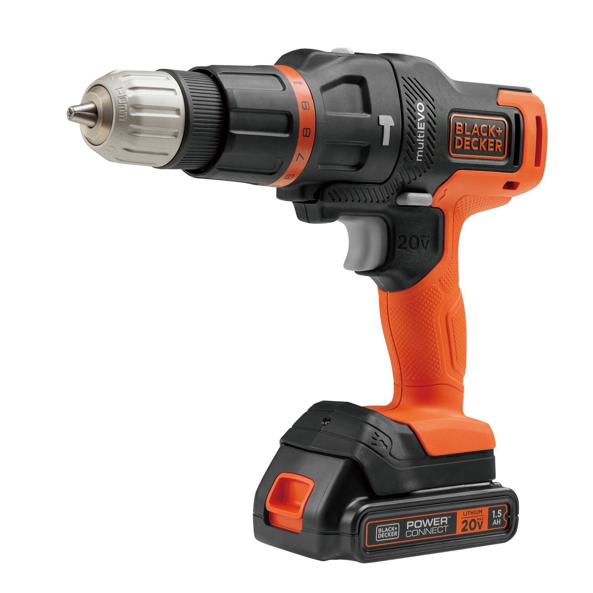 BLACK+DECKER EVO185B1 cordless power drill, orange and black, side view on white background.