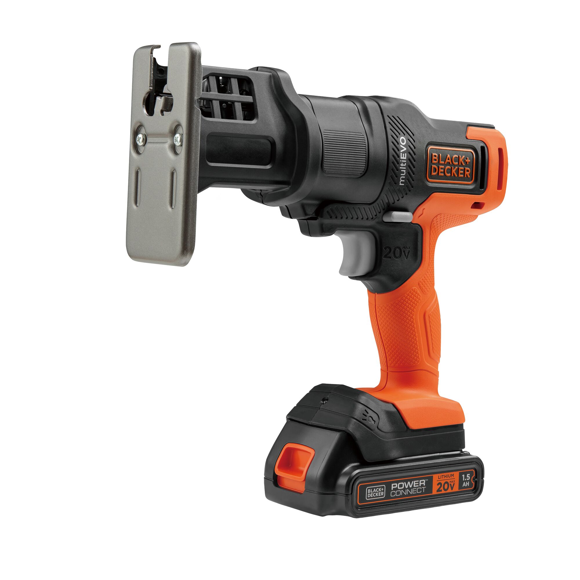 BLACK+DECKER EVO185B1 cordless multi-tool with orange and black body, 20V lithium battery, front angle on white background.
