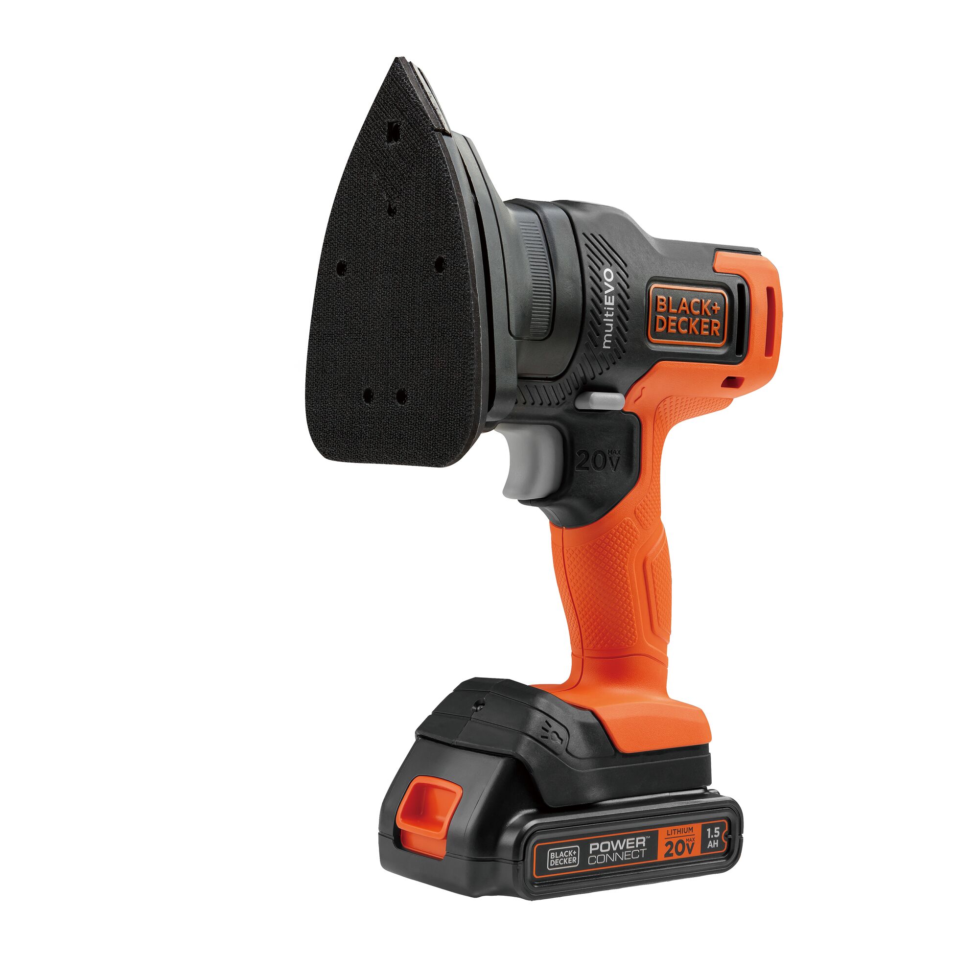 BLACK+DECKER EVO185B1 cordless multi-tool sander, orange and black, front angle on white background.