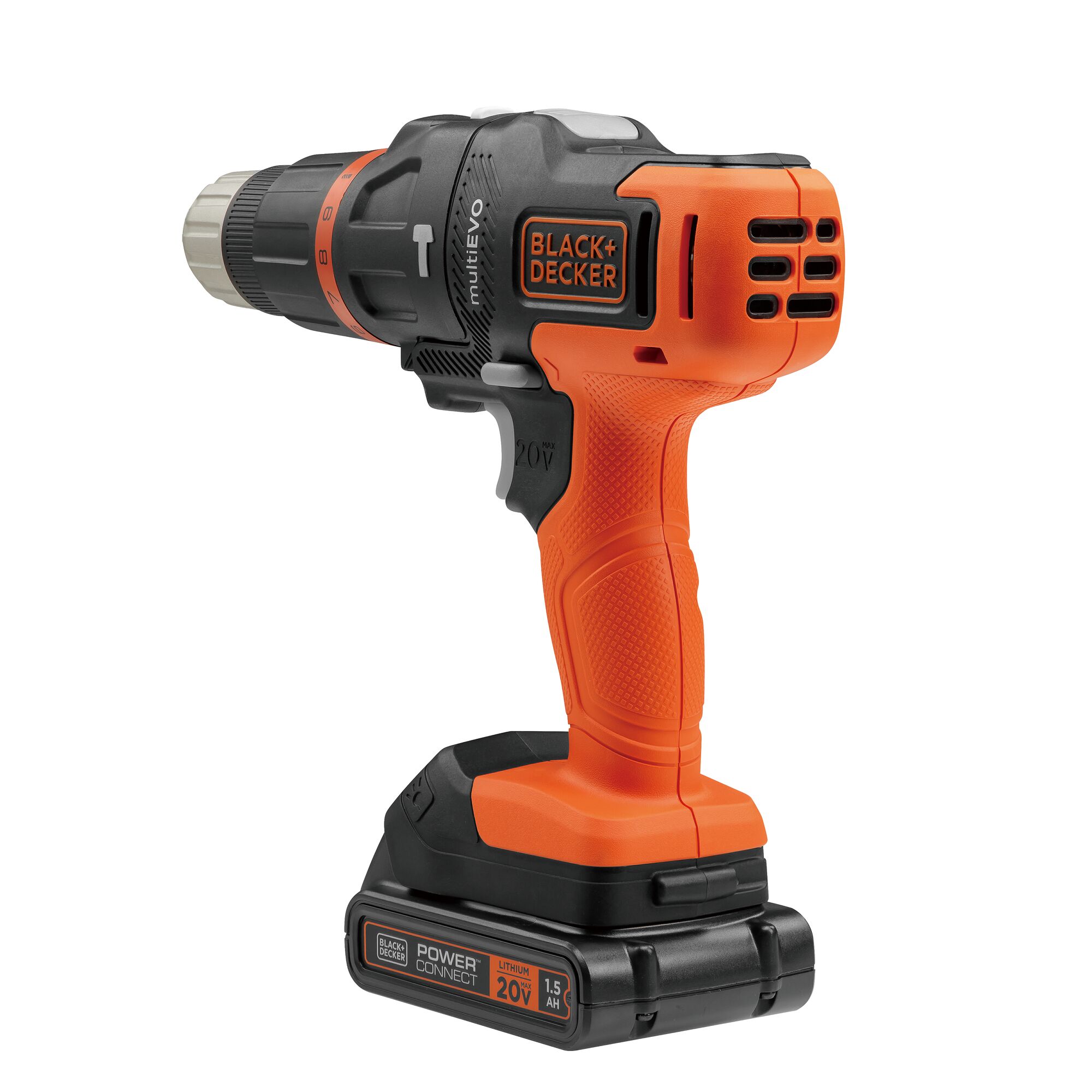 BLACKDECKER EVO185B1 cordless drill, orange and black, right angle, POWERCONNECT 20V battery.