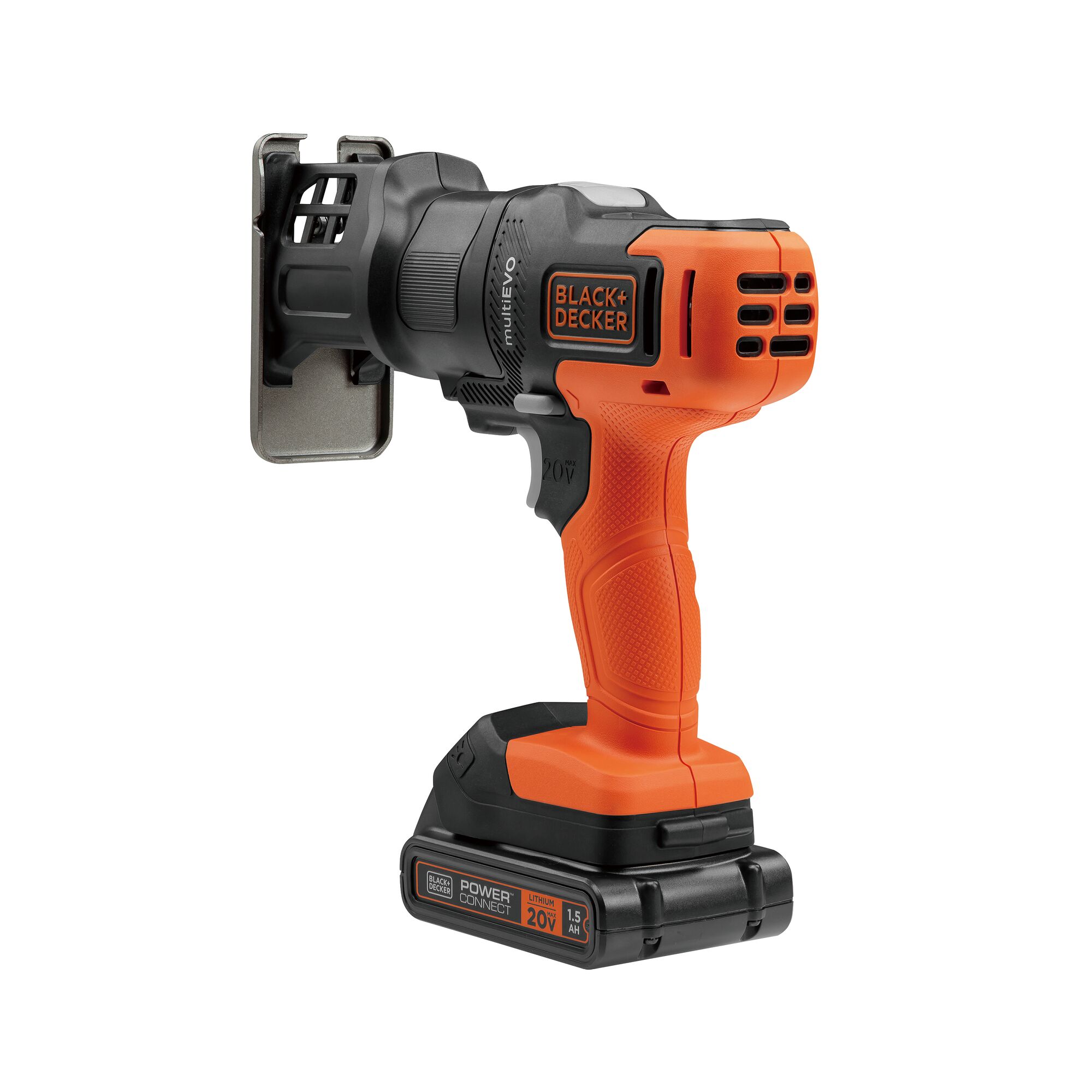 BLACK+DECKER EVO185B1 orange and black cordless power tool, front angle, with 20V lithium battery.