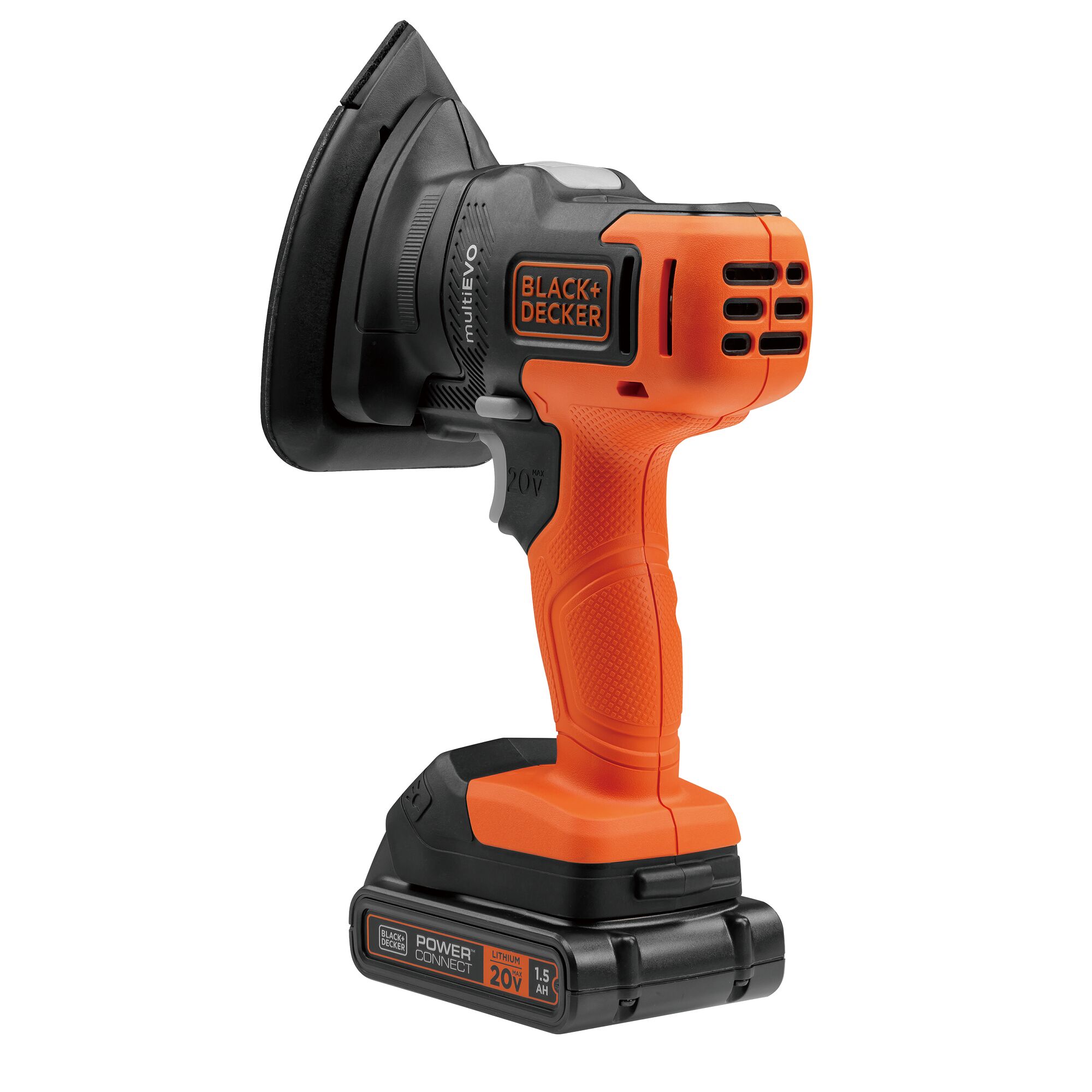 BLACK+DECKER EVO185B1 cordless orange and black detail sander, front angle on white background.