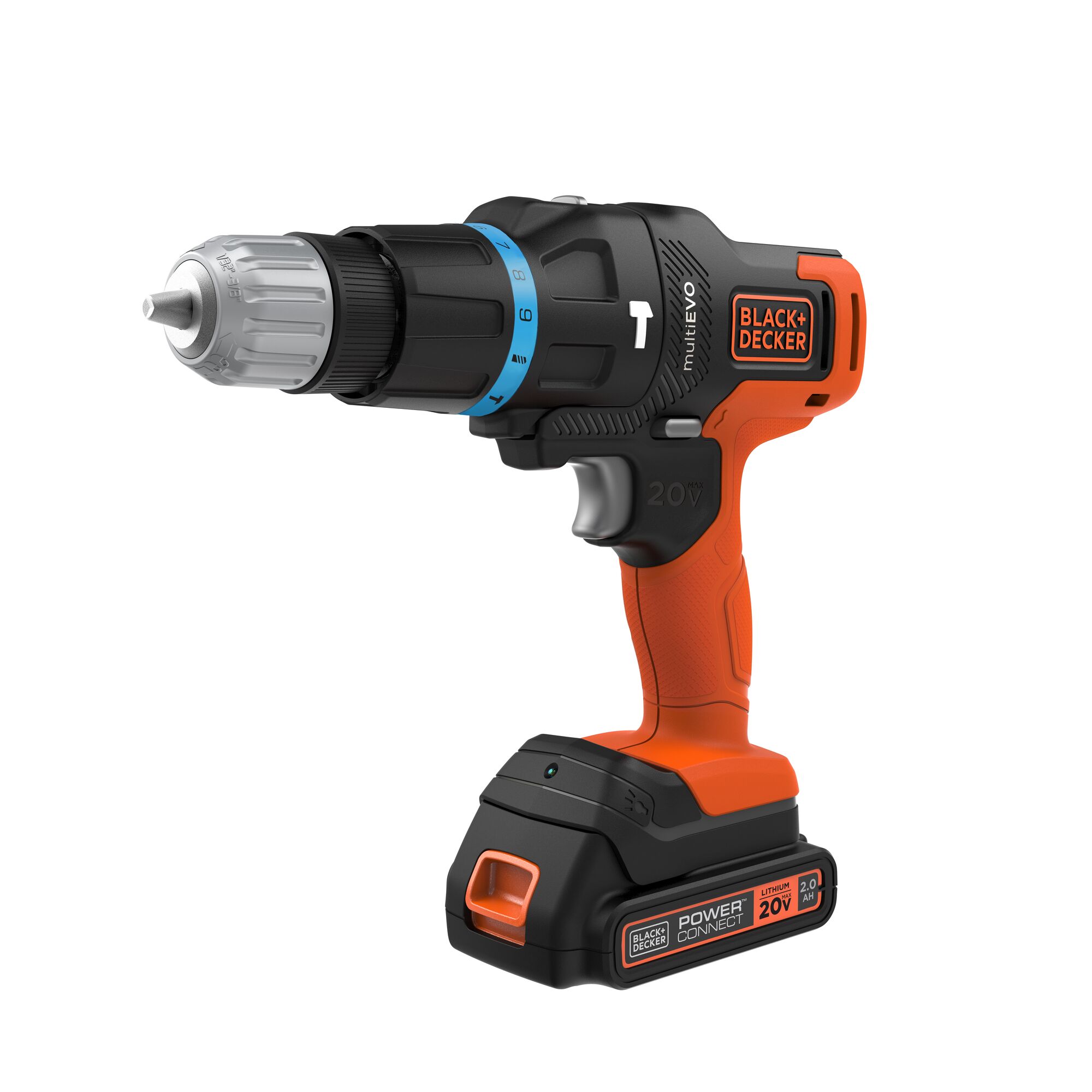 Photo of BLACKDECKER EVO185H1 cordless drill with orange and black body, side angle, white background.