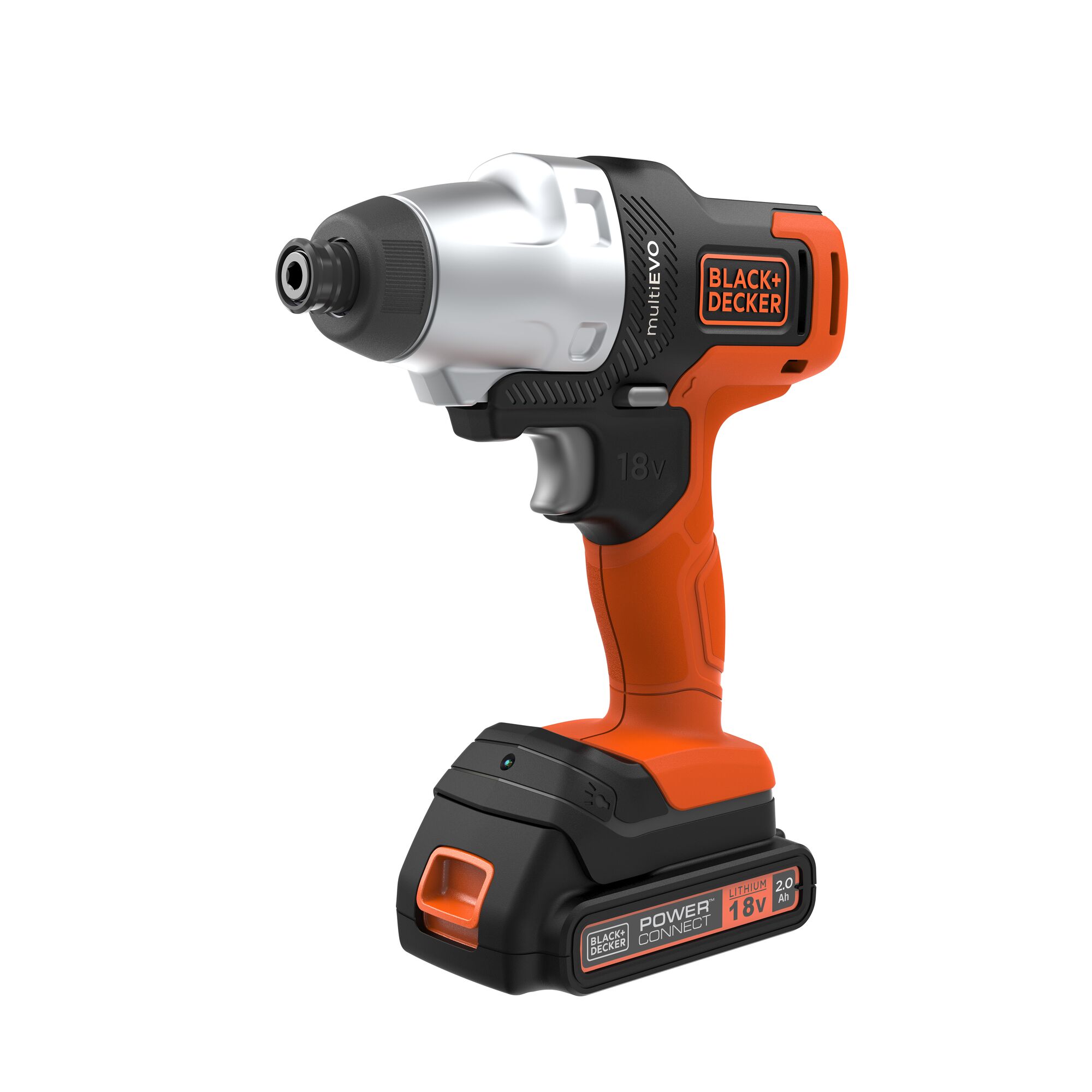 Photo of BLACKDECKER EVO185I1 cordless impact driver, 18V, orange and black, front left angle.