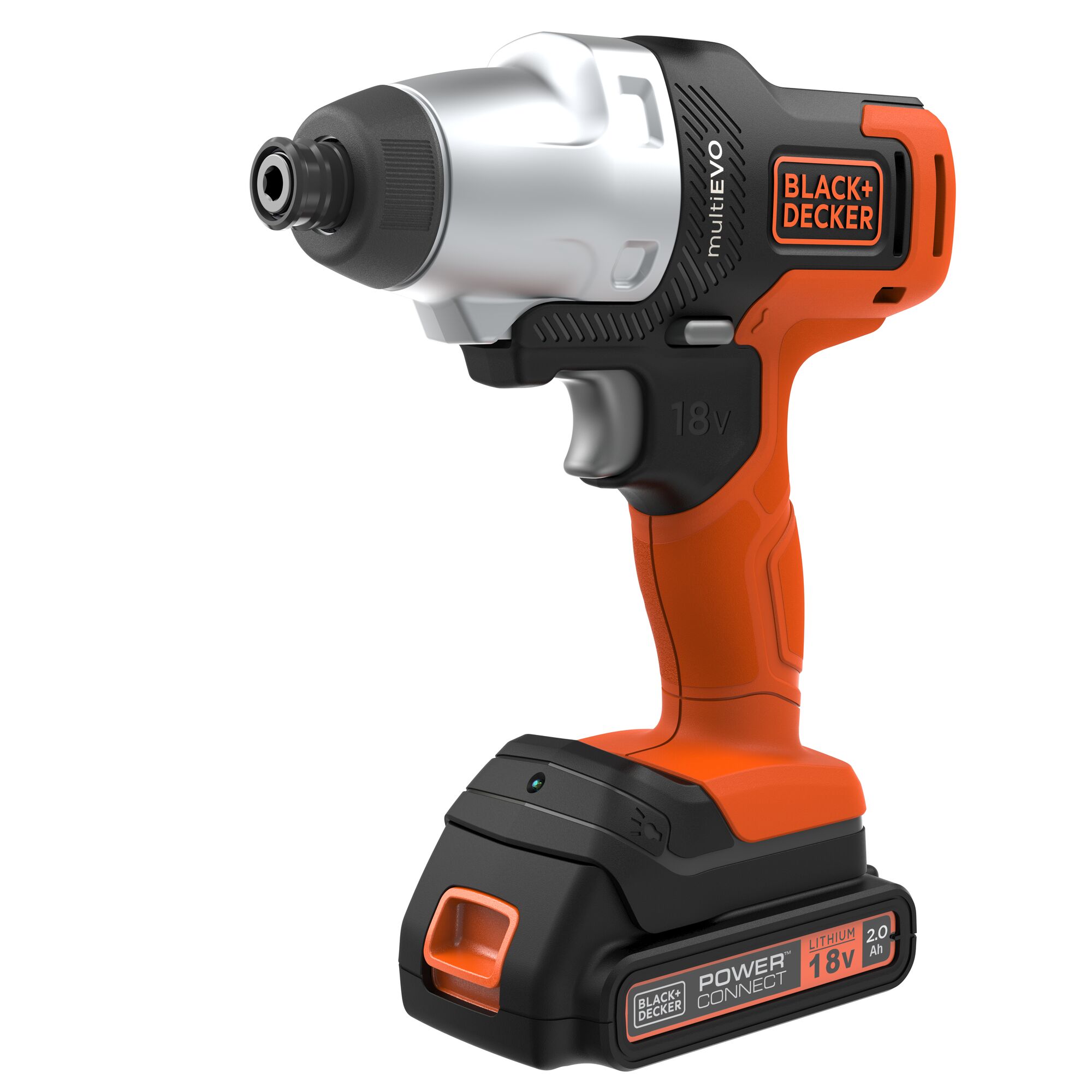 BLACK+DECKER EVO185P1 cordless impact driver, 18V, orange and black, front angle, on white background.