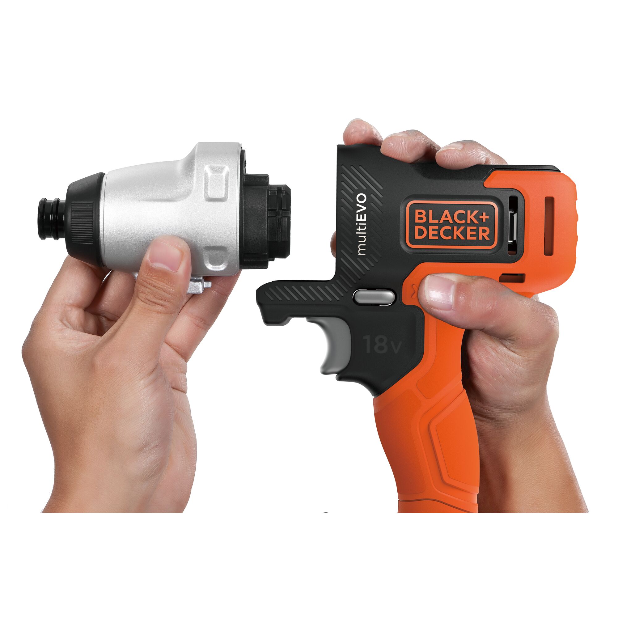 Photo of BLACK+DECKER EVO185P1 multiEVO 18V tool with detachable silver drill head, held in hands, front angle.