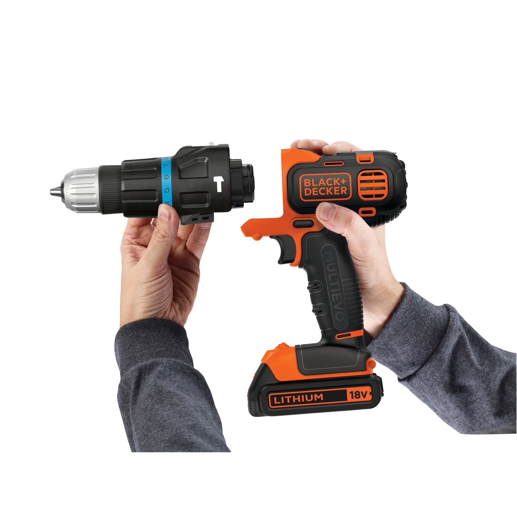 Photo of BLACK+DECKER EVO186 cordless drill with 18V lithium battery, being held by two hands, side angle.