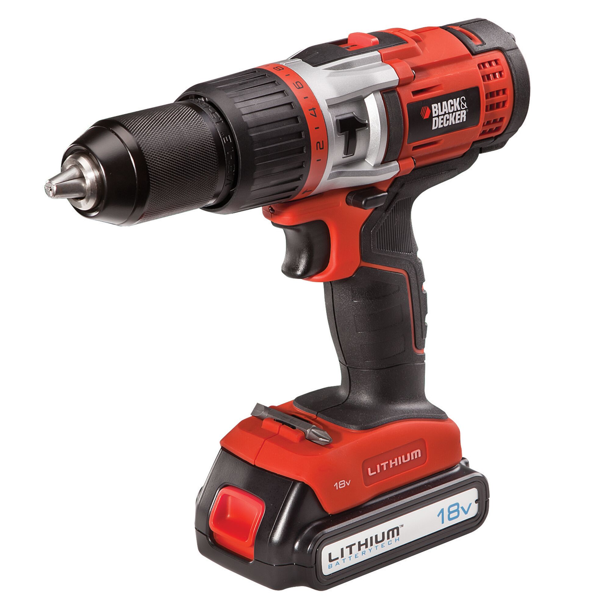BLACKDECKER EXH18 cordless drill with 18V lithium battery, side angle, black and red housing.