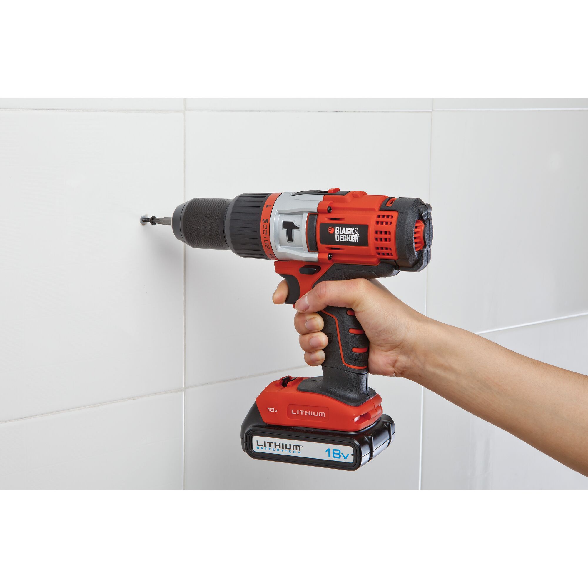 Photo of BLACKDECKER EXH18 cordless drill being used on white tile wall.