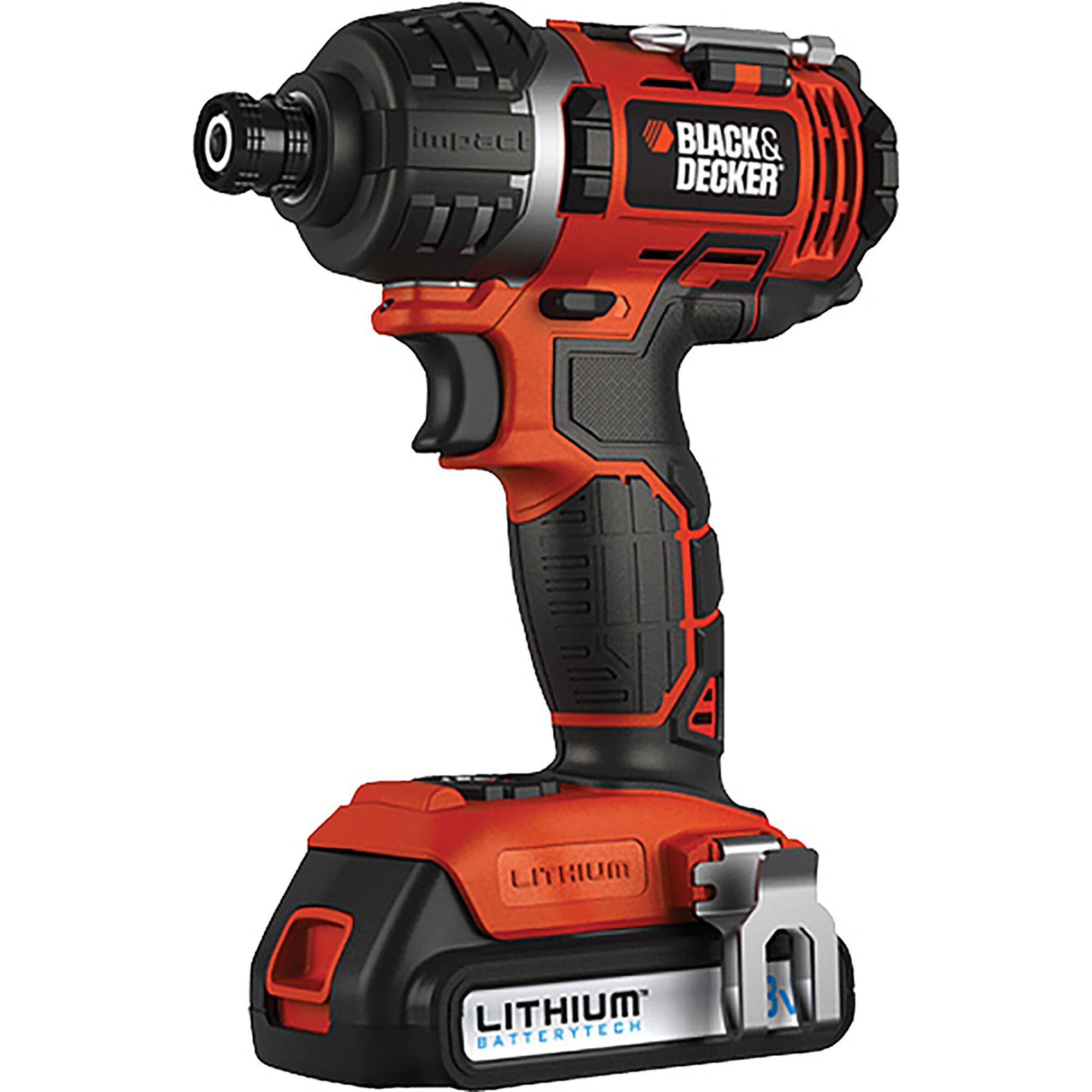 BLACKDECKER EXI18 cordless impact driver, orange and black, side angle, Lithium battery visible.