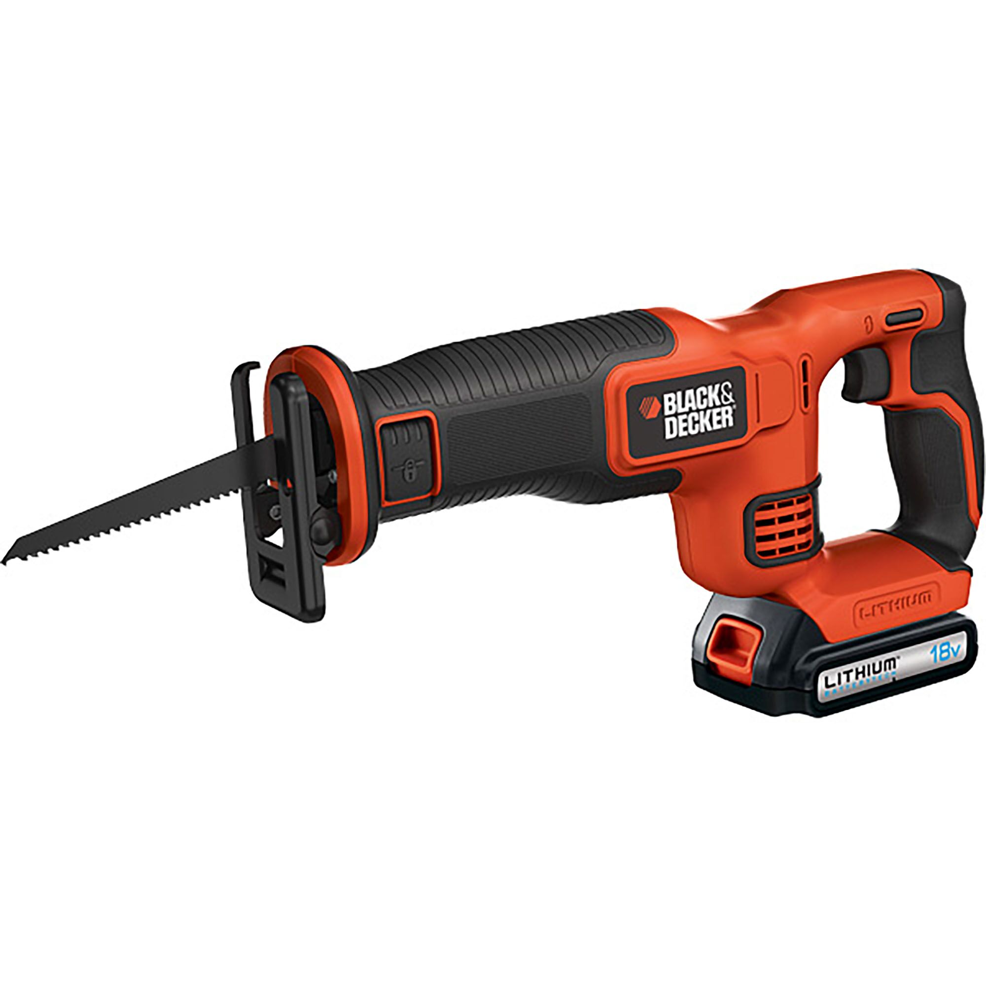 BLACKDECKER EXR18 cordless reciprocating saw, orange and black, angled view, 18V lithium battery.