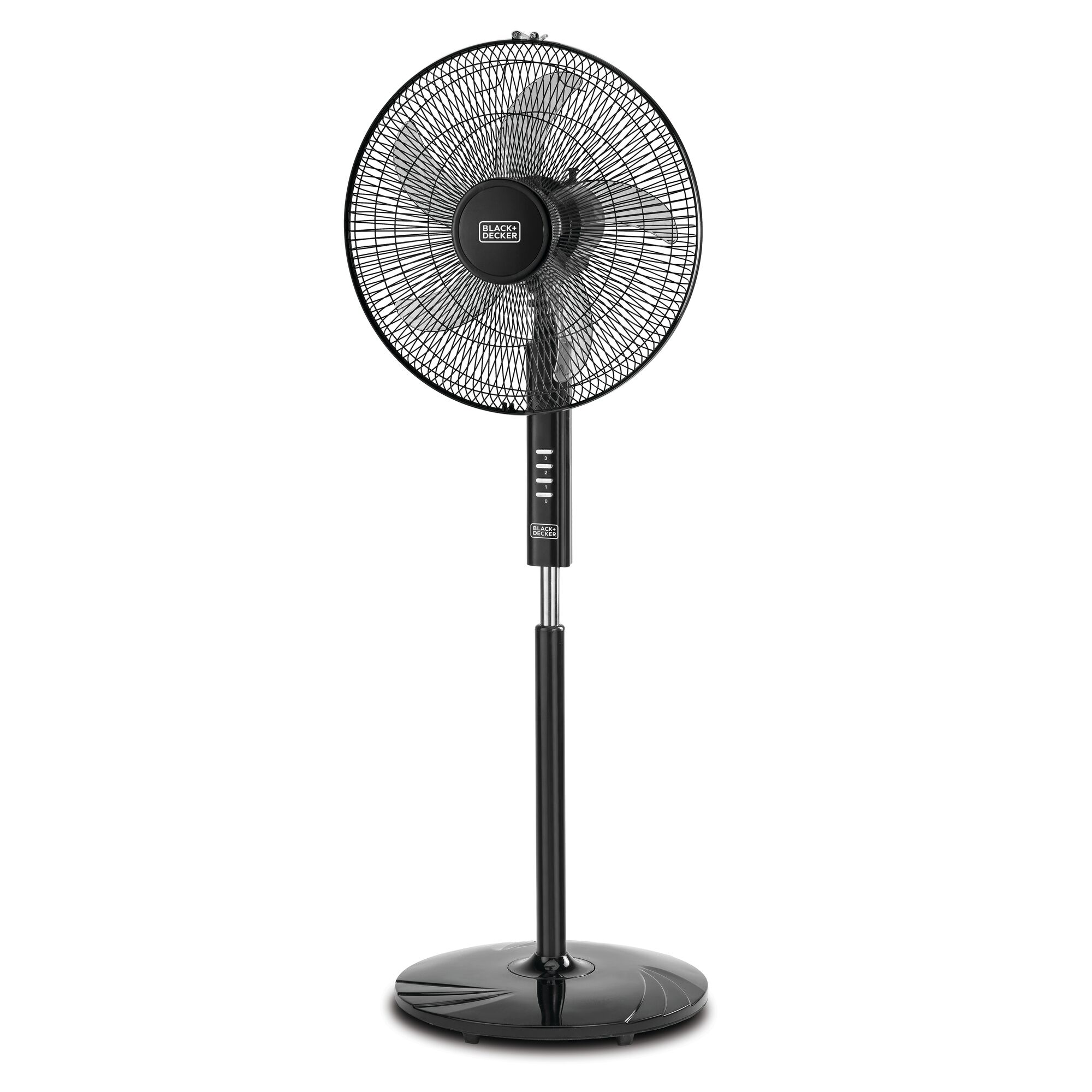 BLACKDECKER FS1620 black pedestal fan, front angle, circular base and mesh guard.