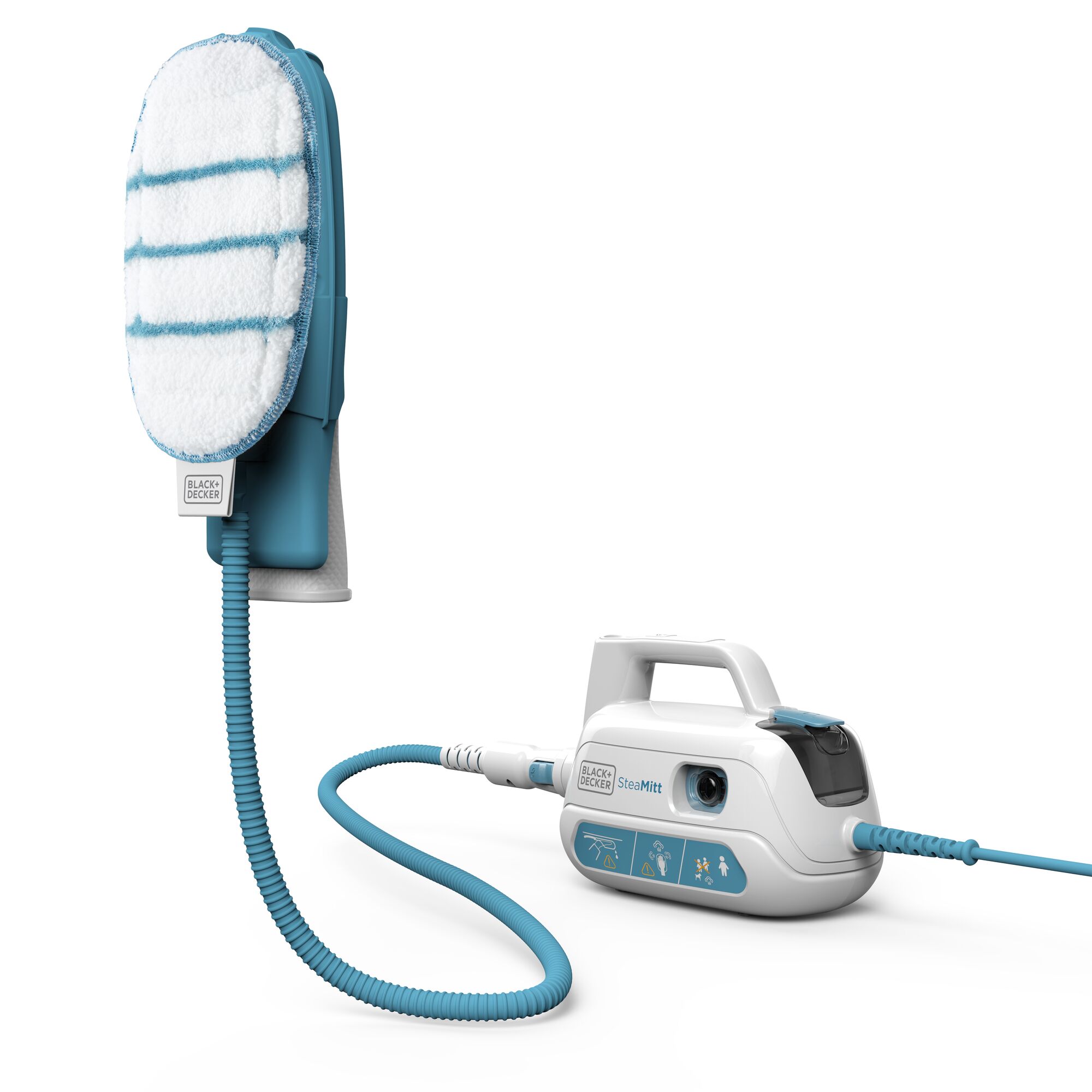 BLACKDECKER FSH10SM steam cleaning mitt and base unit, white and blue, front angle on white background.