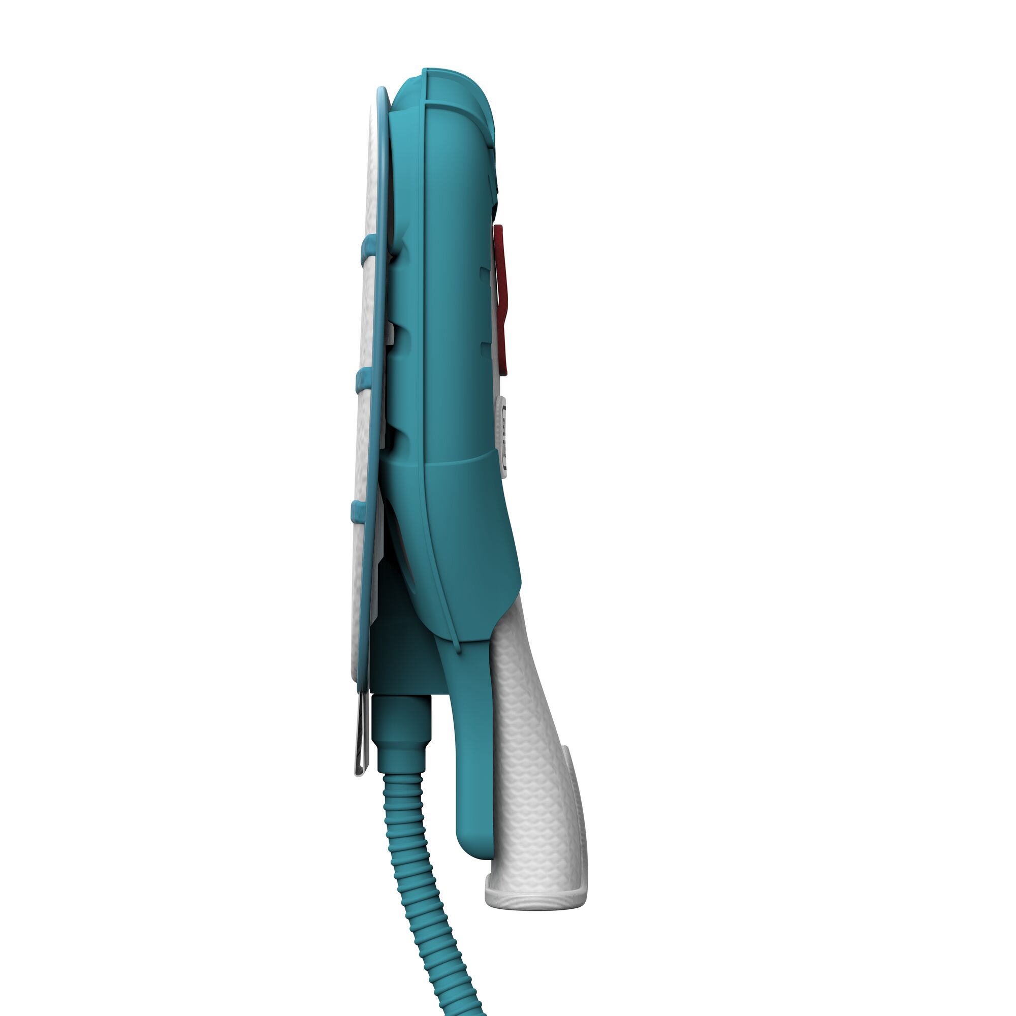 BLACKDECKER FSH10SM handheld steam cleaner, teal and white, side view, white background.