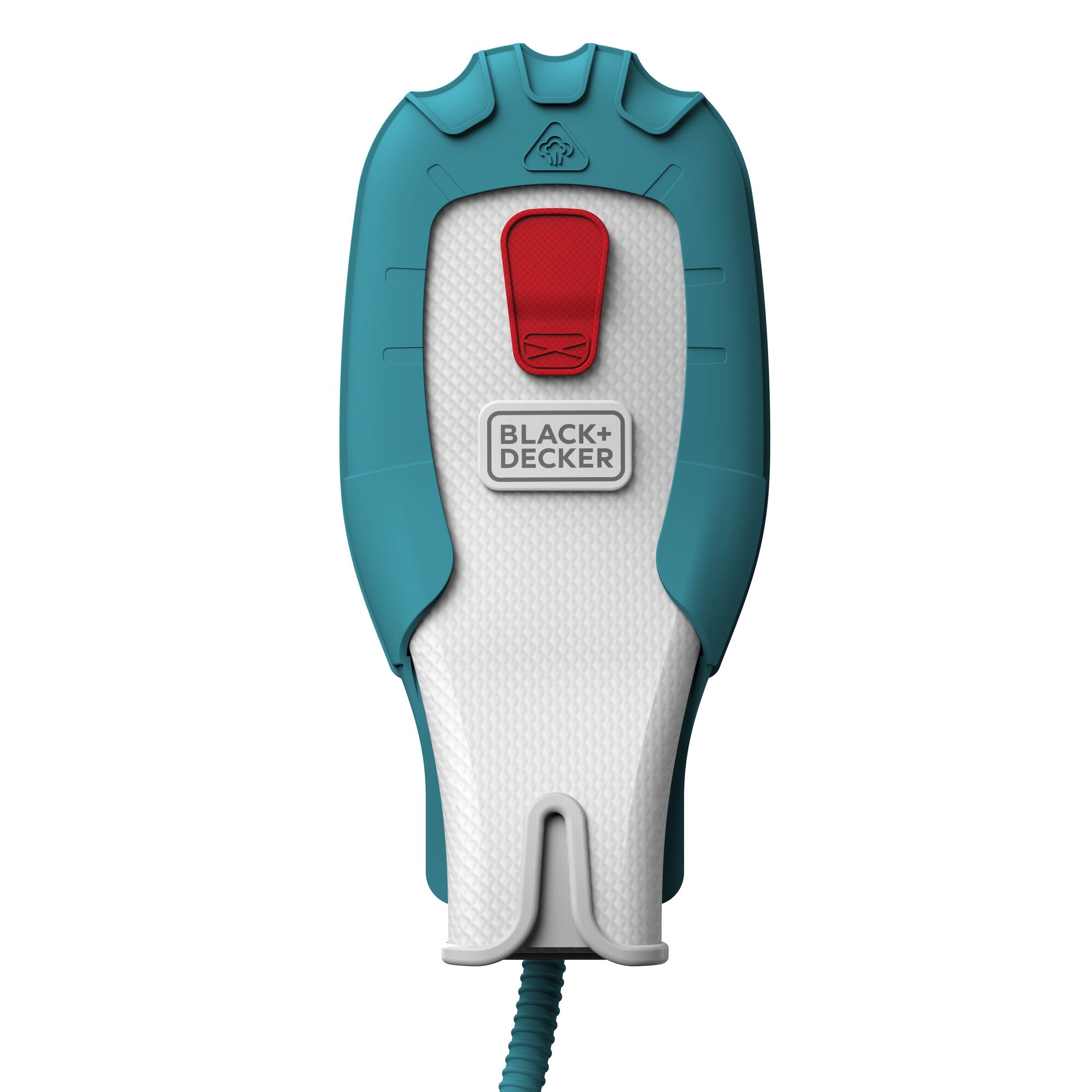 BLACK+DECKER handheld steamer FSH10SM front view, teal and white body with red button.