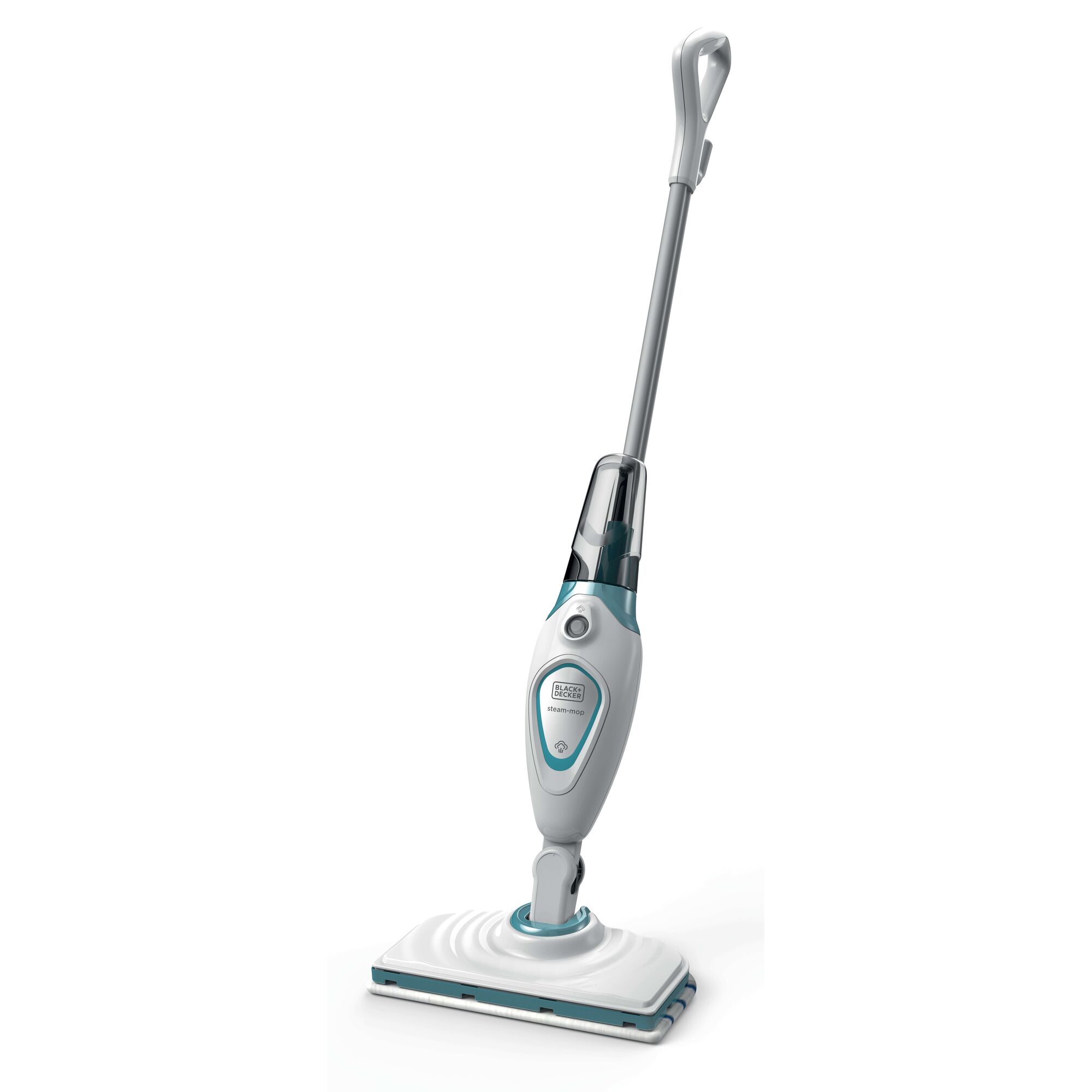 BLACKDECKER FSM1605 steam mop, white and teal, upright angle on white background.
