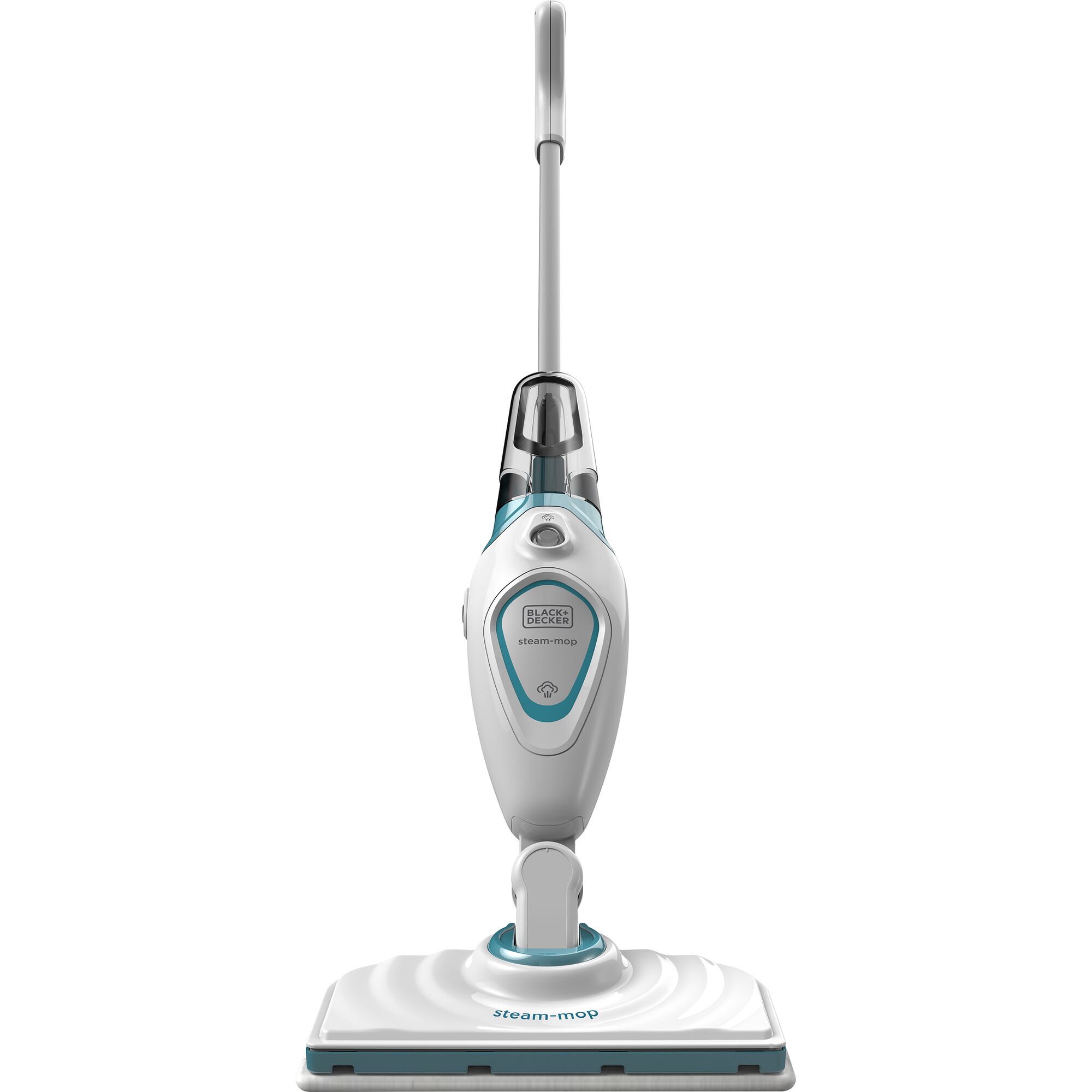 BLACKDECKER FSM1605 steam mop, white and blue, upright front view, household cleaning appliance.