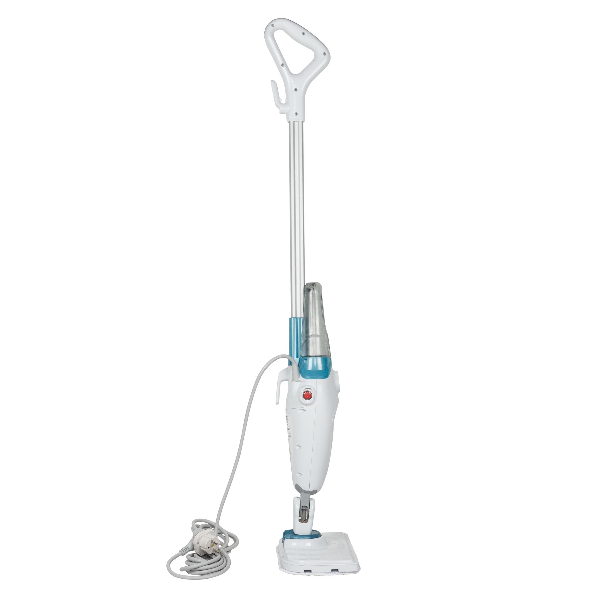 BLACKDECKER FSM1605 steam mop with white and blue body, corded, upright angle, on white background.