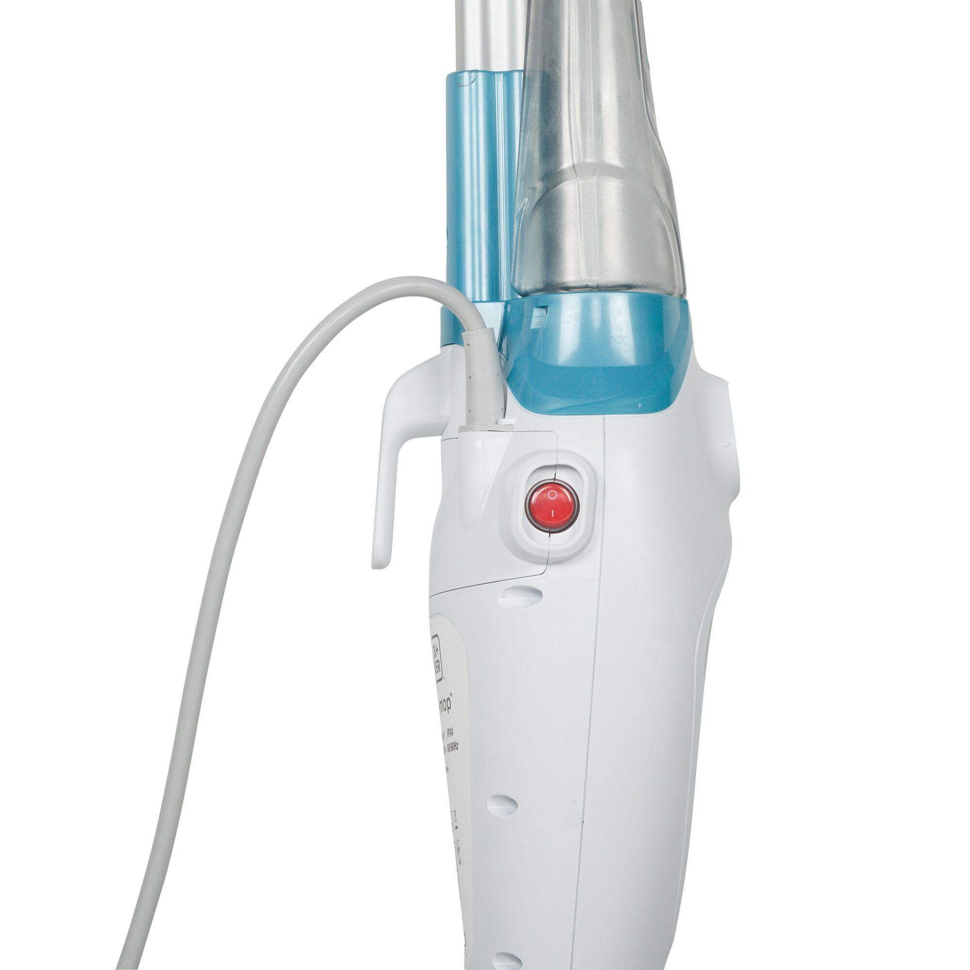 BLACKDECKER FSM1605 steam mop handle, white and blue, side angle, with visible power button and cord.