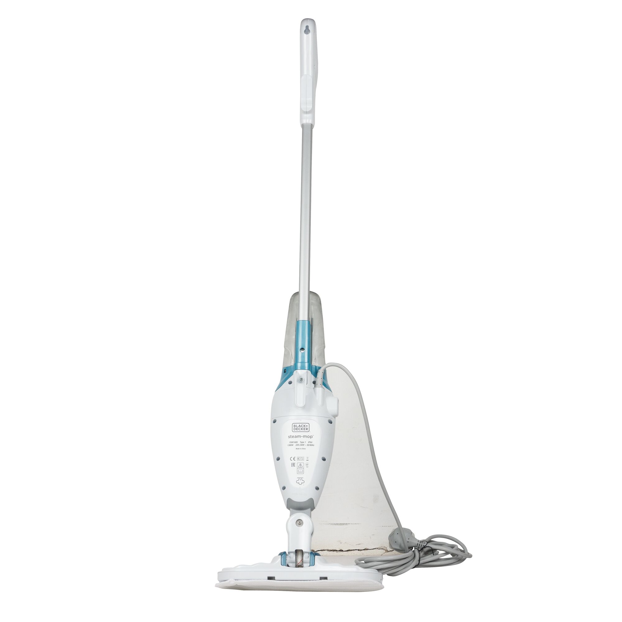BLACKDECKER FSM1605 steam mop front angle, white and blue design, visible cord, cleaning appliance.