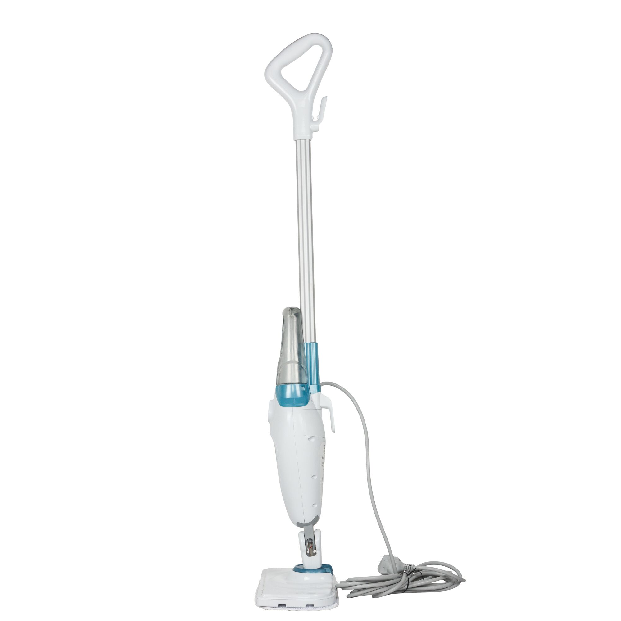 BLACKDECKER FSM1605 steam mop in white and blue, upright angle, cord visible, household cleaning tool.