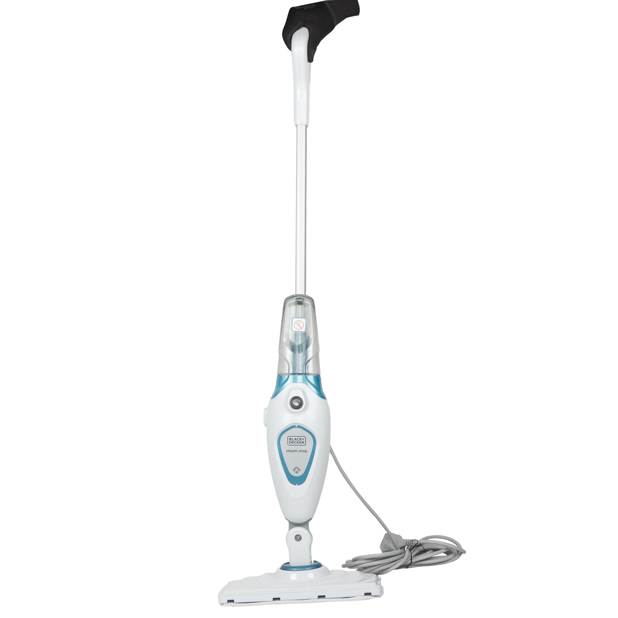 BLACKDECKER FSM1605 white and blue steam mop, upright view, power cord coiled at base.