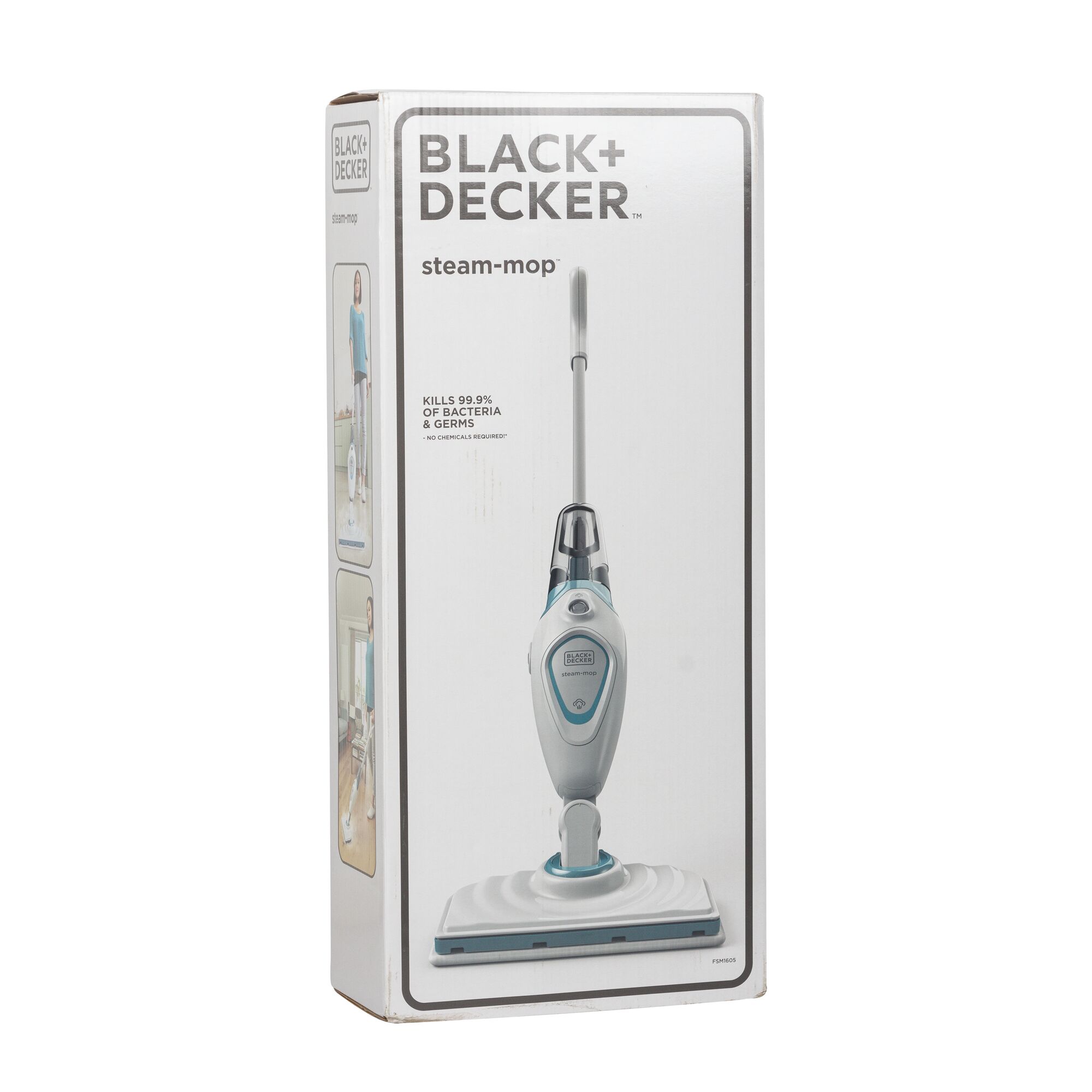 Photo of BLACK+DECKER FSM1605 steam mop product packaging, white box with product image and cleaning features, front left angle.