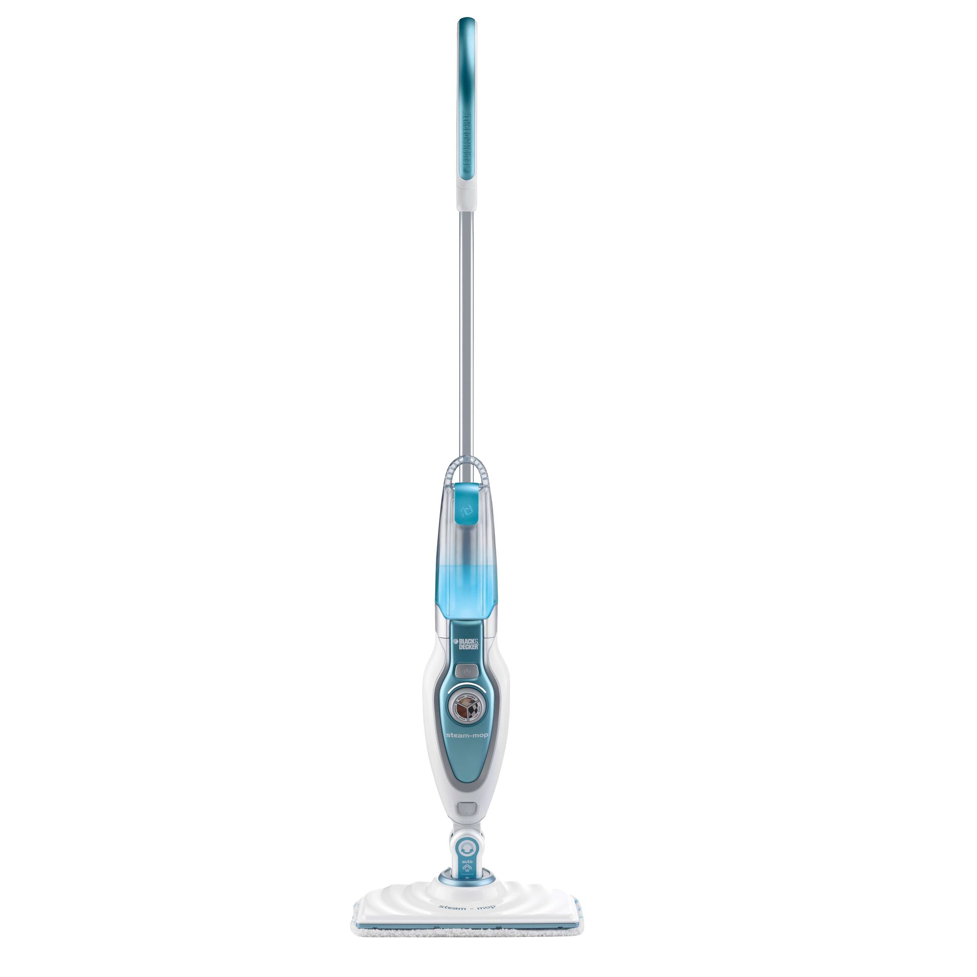 BLACKDECKER FSM1620 steam mop, white and blue, upright front angle on white background.