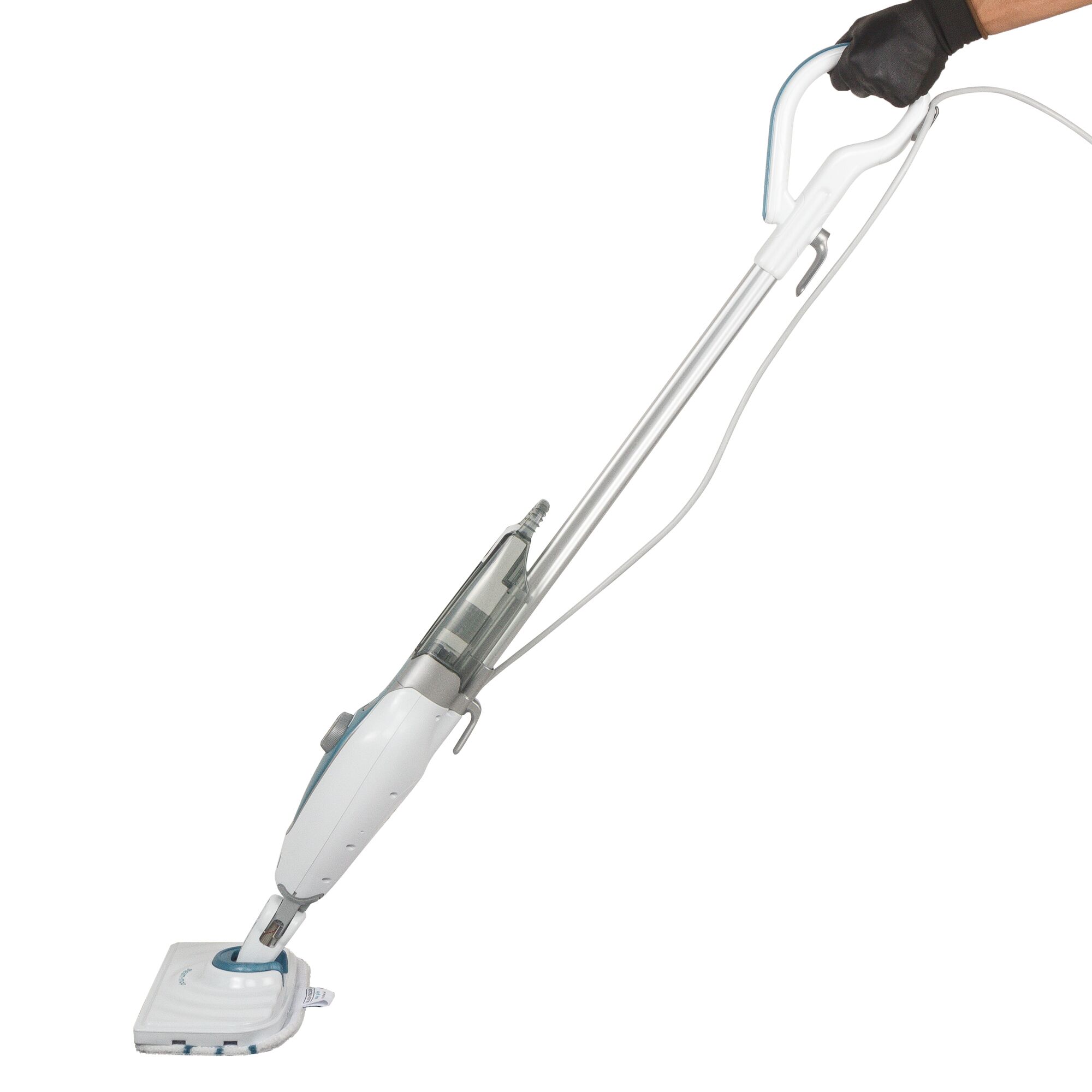 BLACKDECKER FSM1620 steam mop in white, angled side view on white background, held by gloved hand.