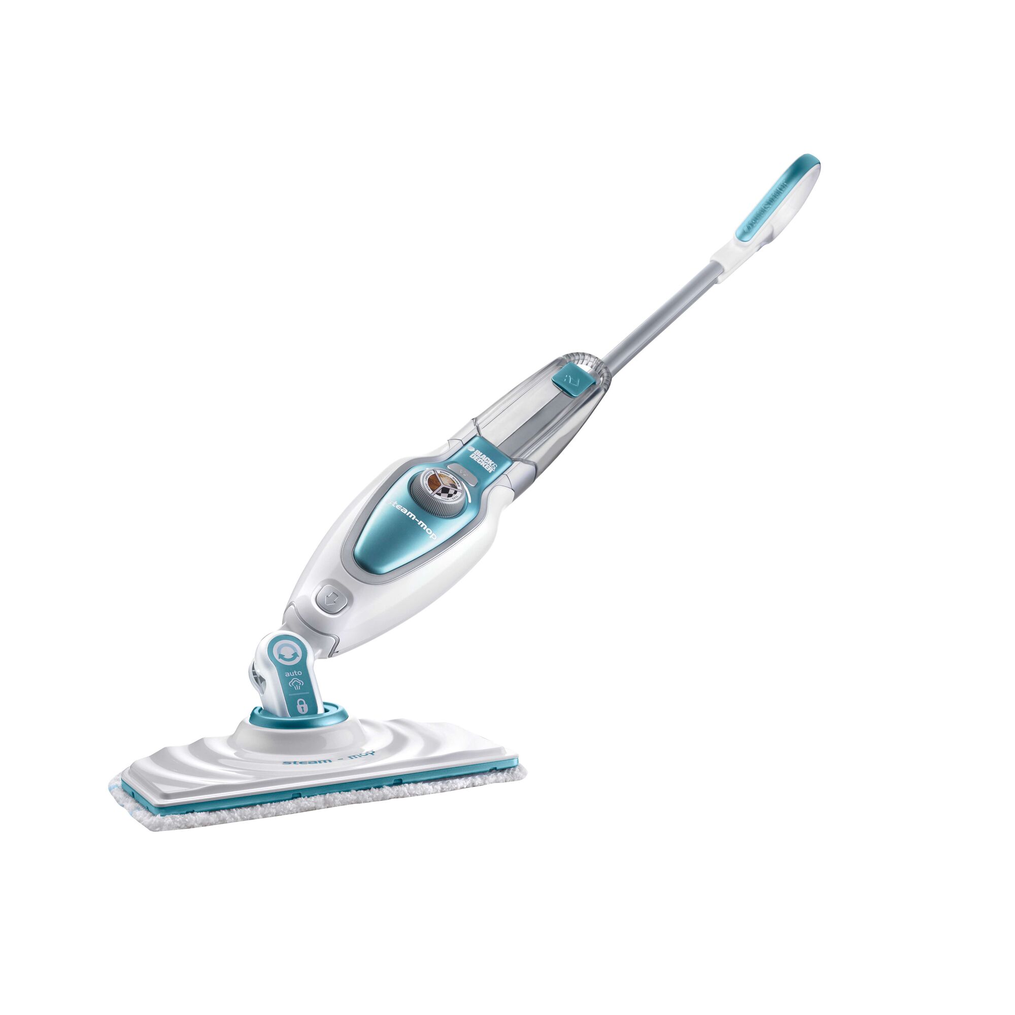 BLACKDECKER FSM1620 steam mop with turquoise and white body, angled view on white background