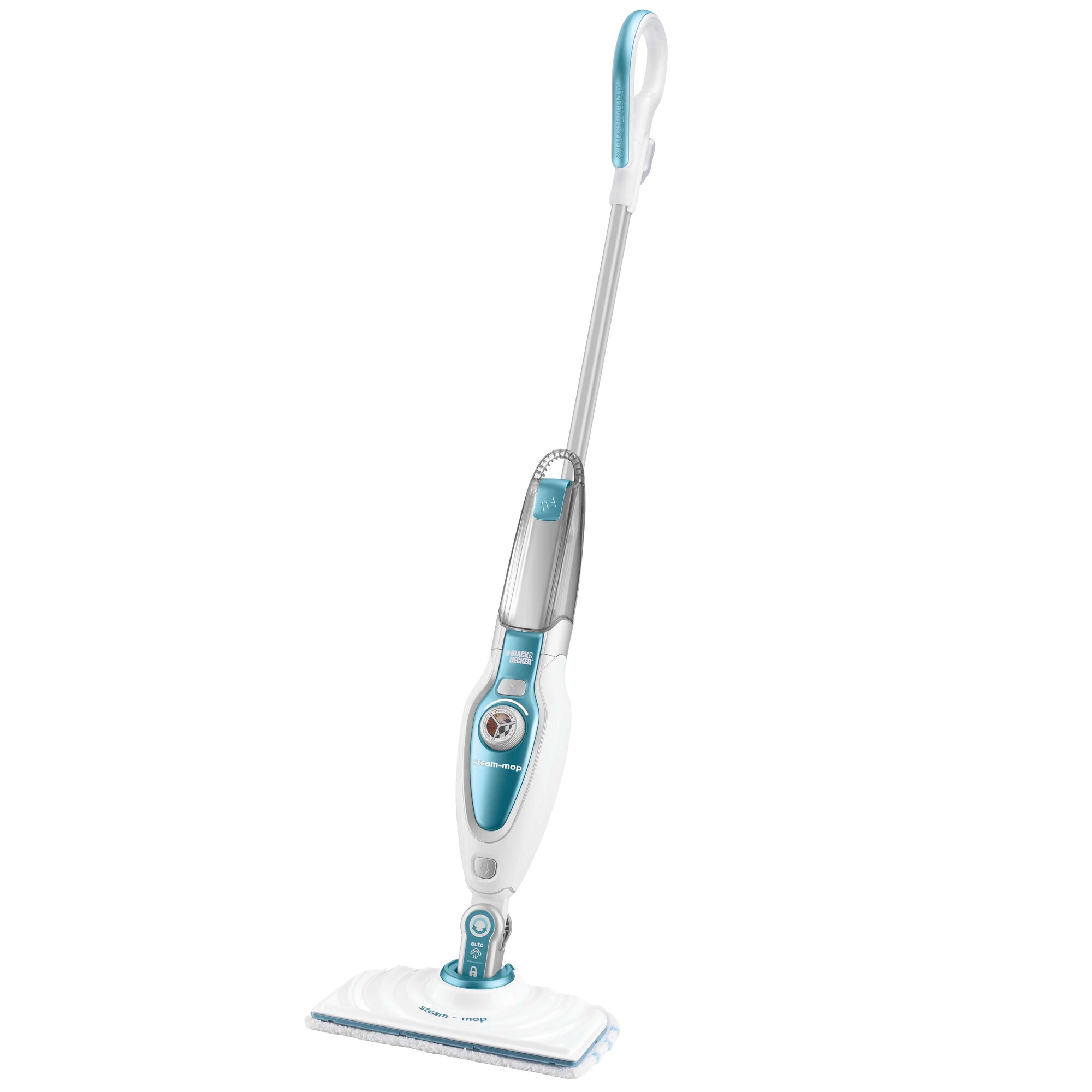 BLACKDECKER FSM1620 steam mop with blue and white design, upright front angle on white background.