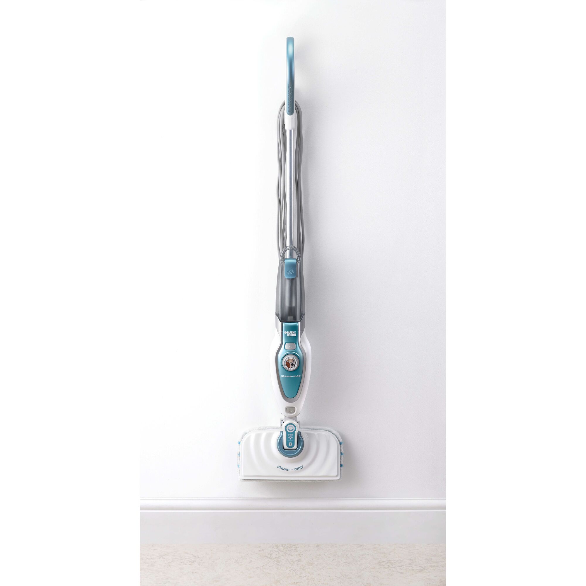 BLACKDECKER FSM1620 steam mop upright on white wall, blue and white design, front view.