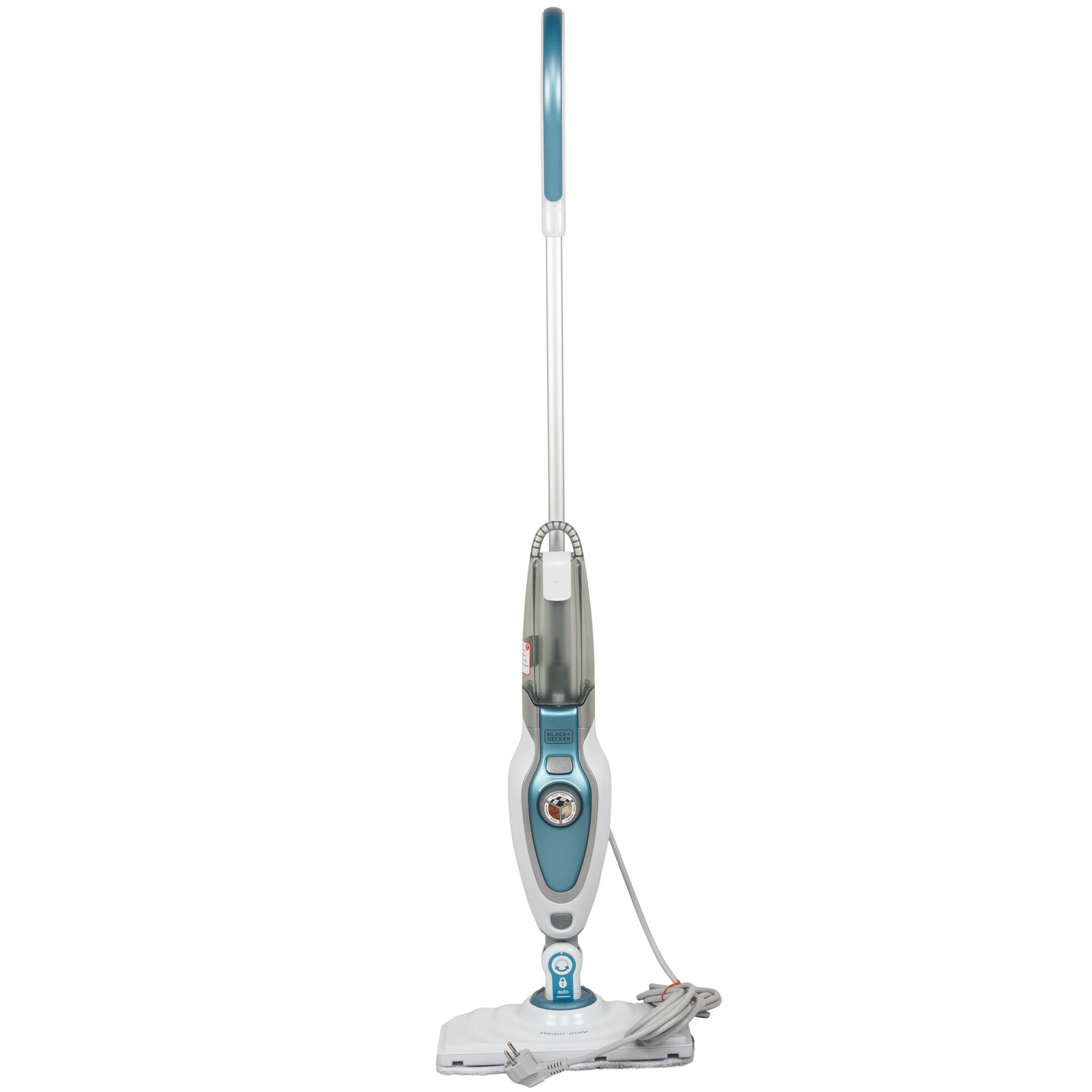 BLACKDECKER steam mop FSM1620 front view, white and blue, cleaning appliance photography.