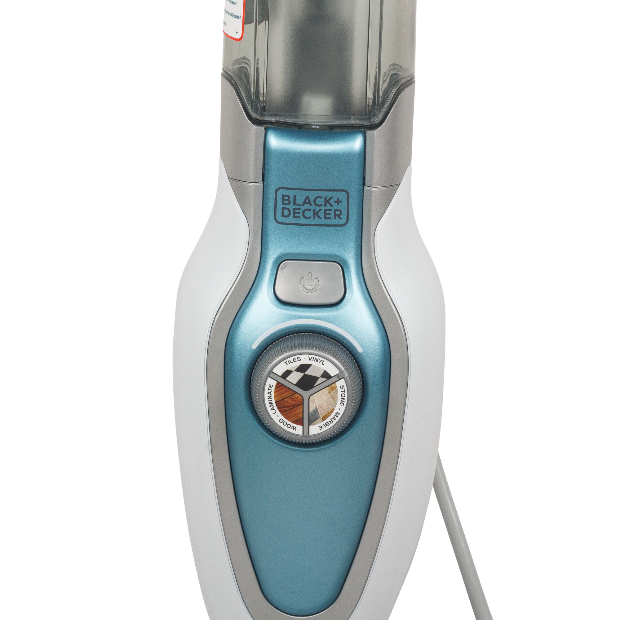 BLACK+DECKER FSM1620 steam mop front view with power button and floor selector dial, white and blue.