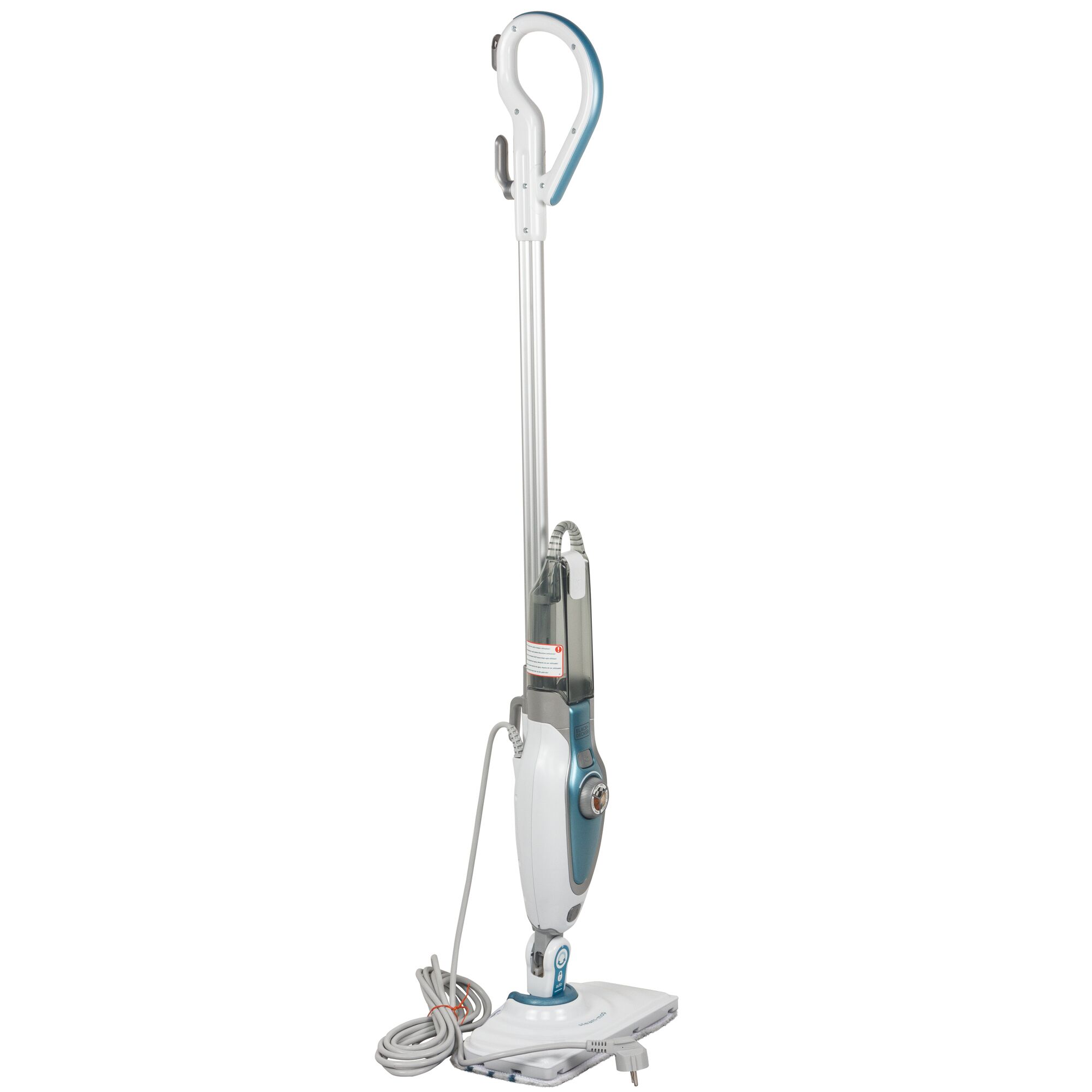 BLACKDECKER FSM1620 steam mop with white and blue body, upright view, coiled power cord, white background.