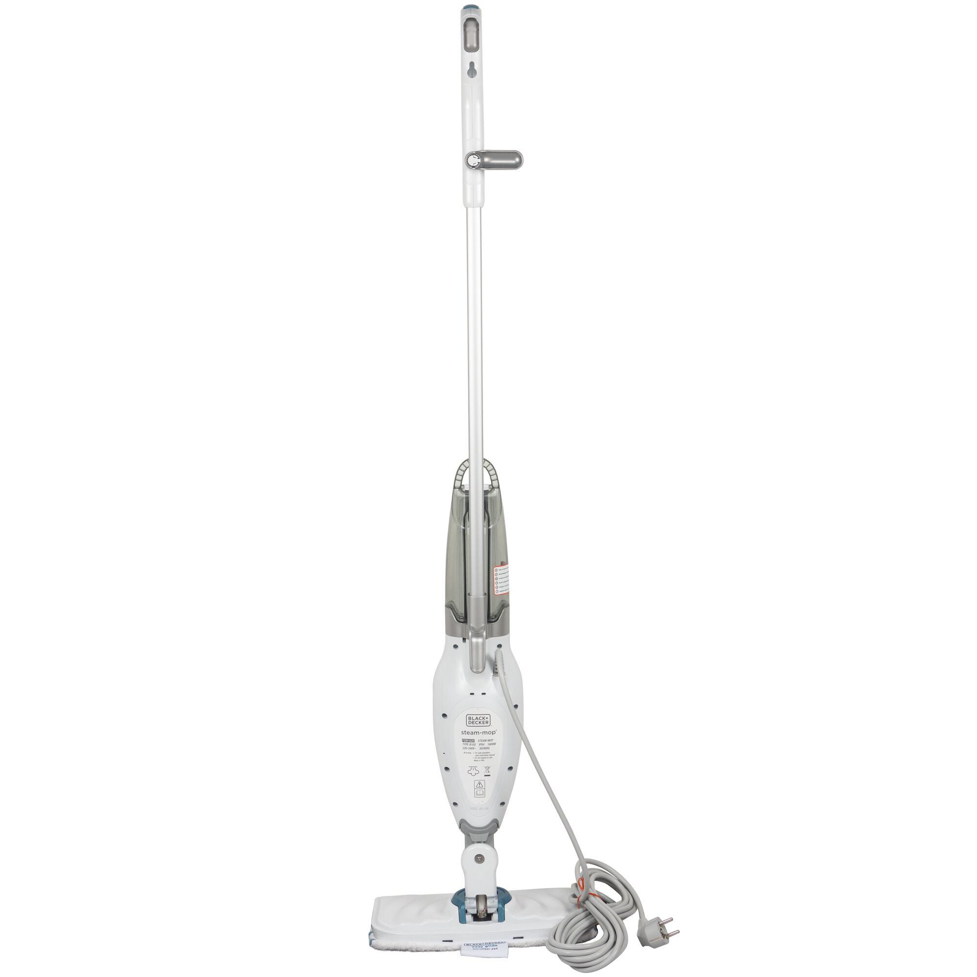 BLACKDECKER FSM1620 steam mop upright front angle, white body with cord wrapped around base.