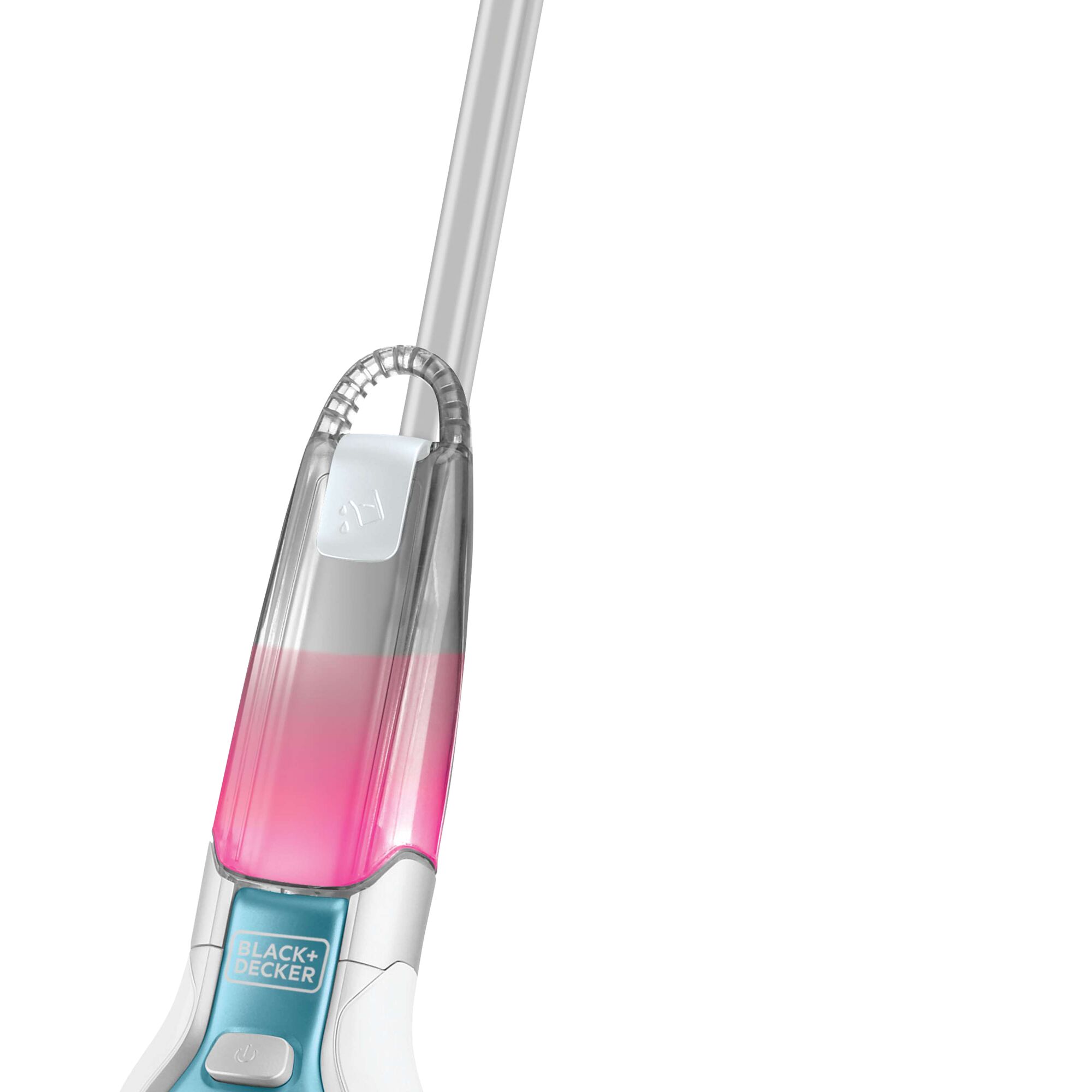 Photo of BLACK+DECKER FSM1620 steam mop handle with pink water tank, white background, upright angle.