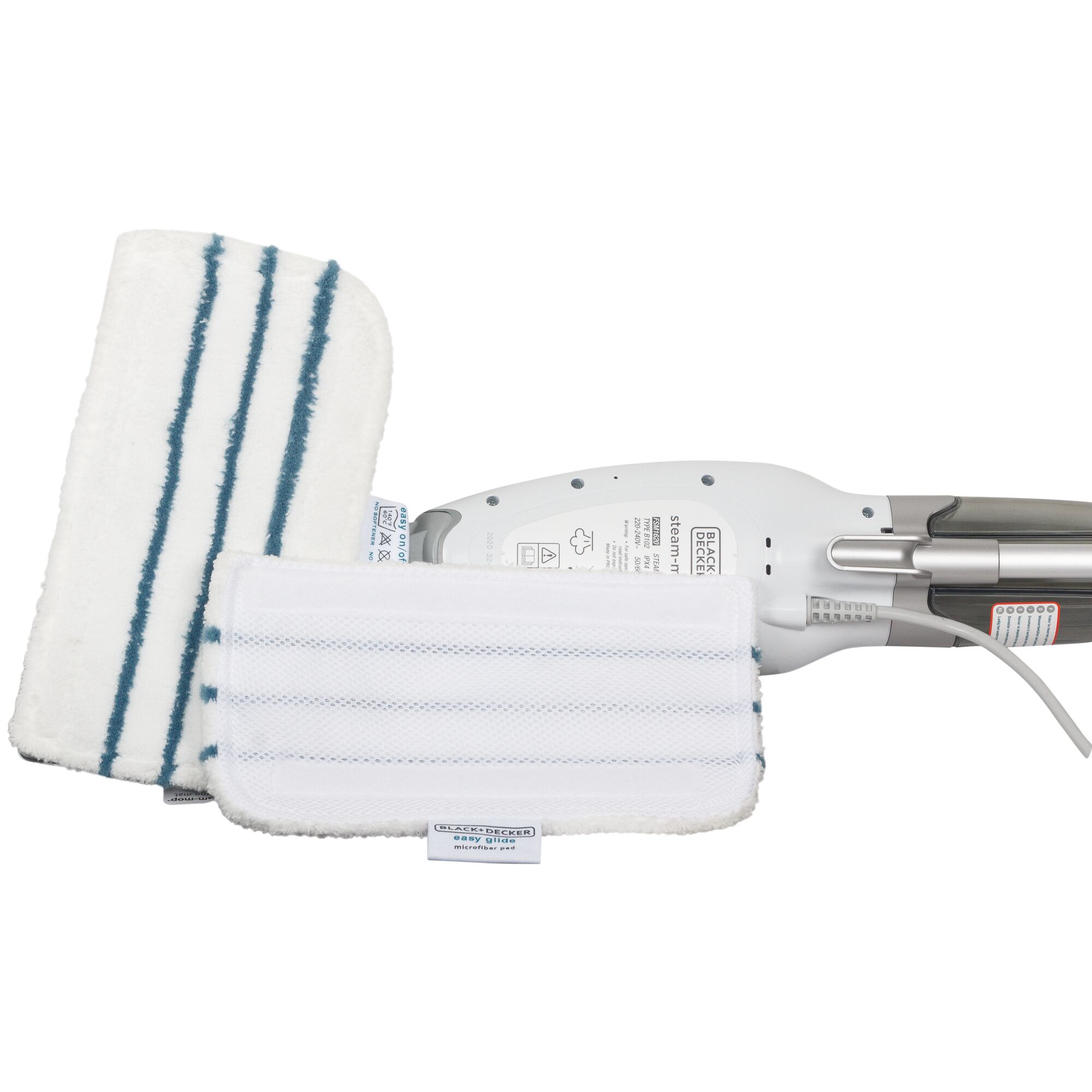 BLACKDECKER FSM1620 steam mop with two white microfiber cleaning pads, top view on white background.